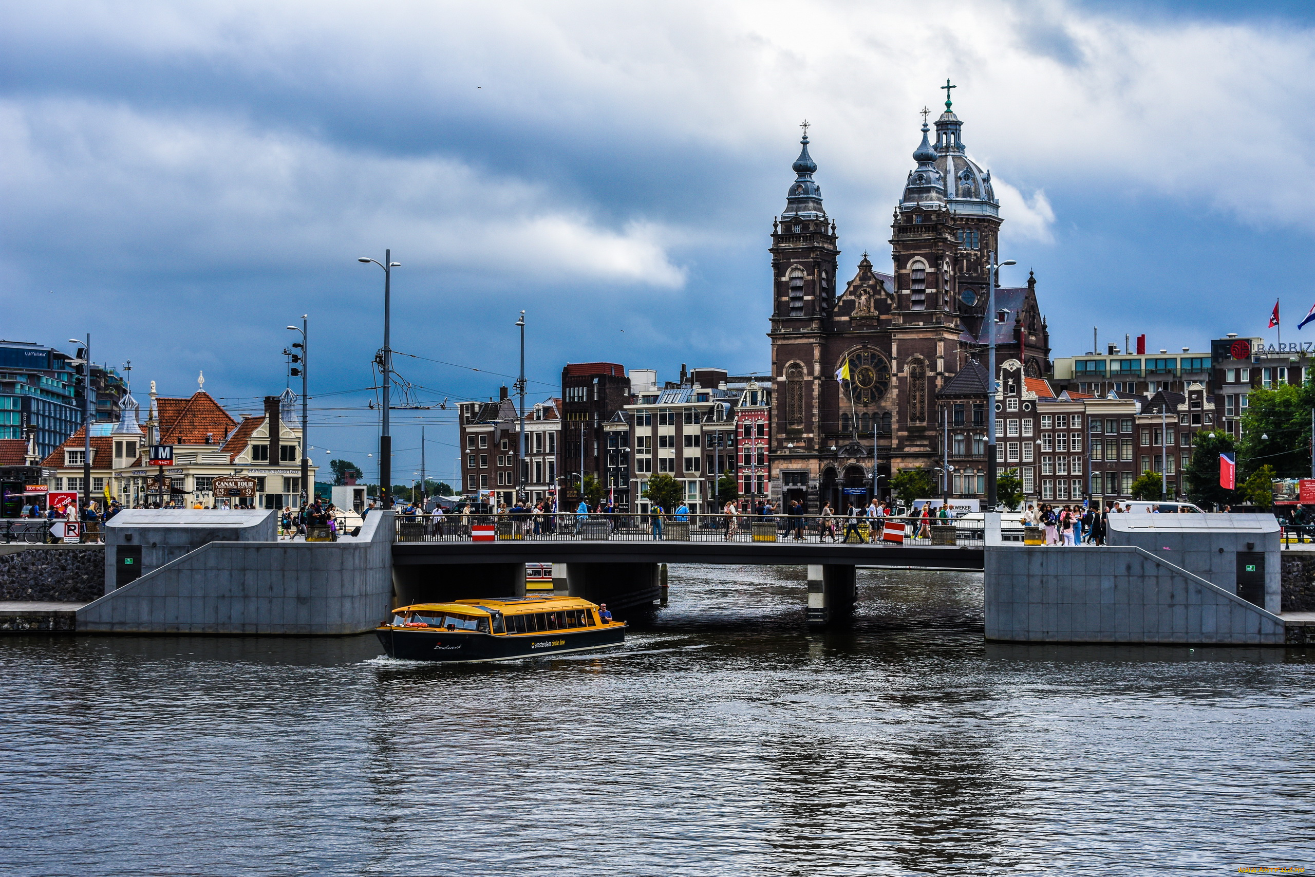 города, амстердам, , нидерланды, река, мост, собор