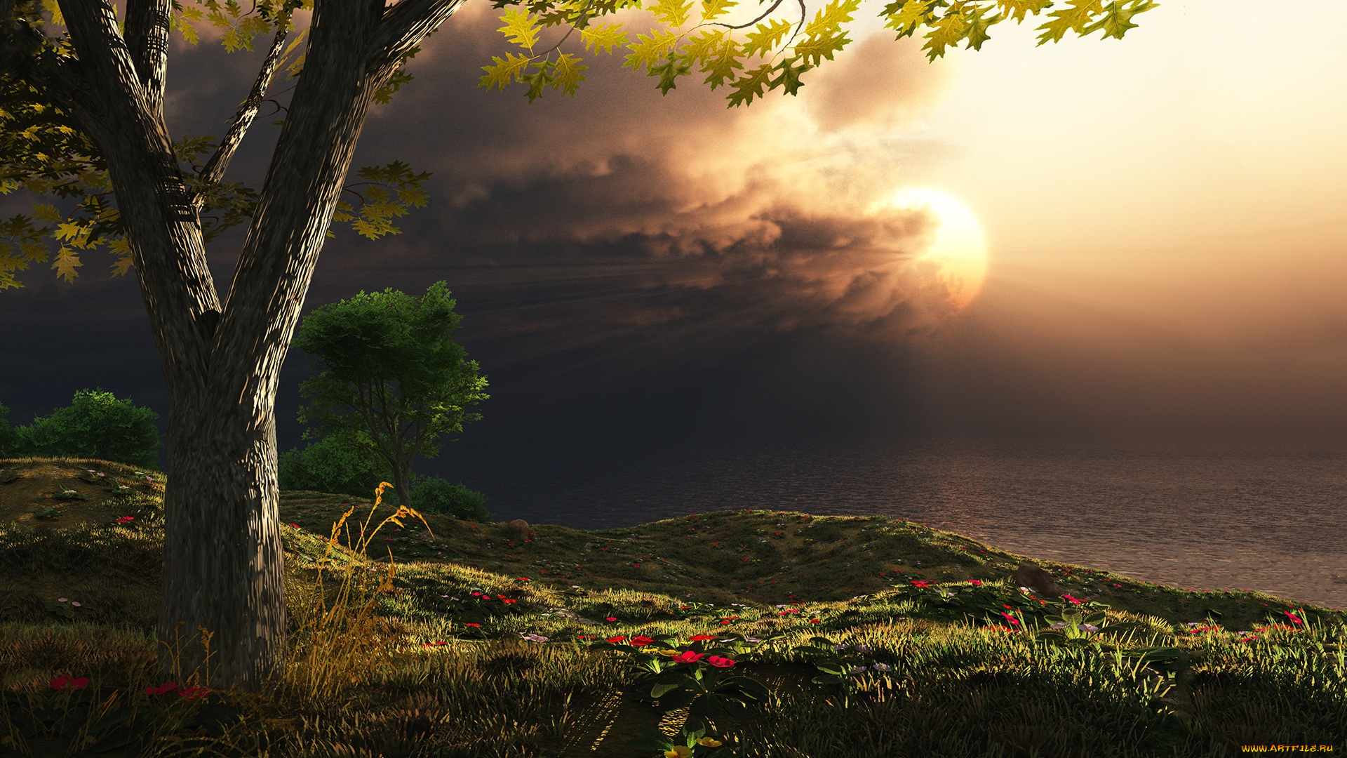 3д, графика, nature, landscape, природа, море, закат, дерево