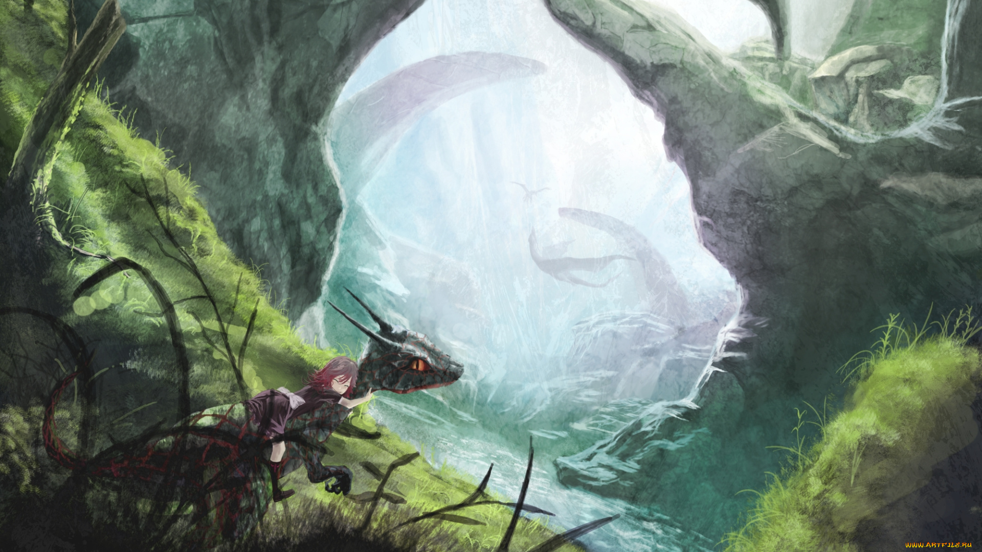 аниме, animals, девушка, динозавр, скалы