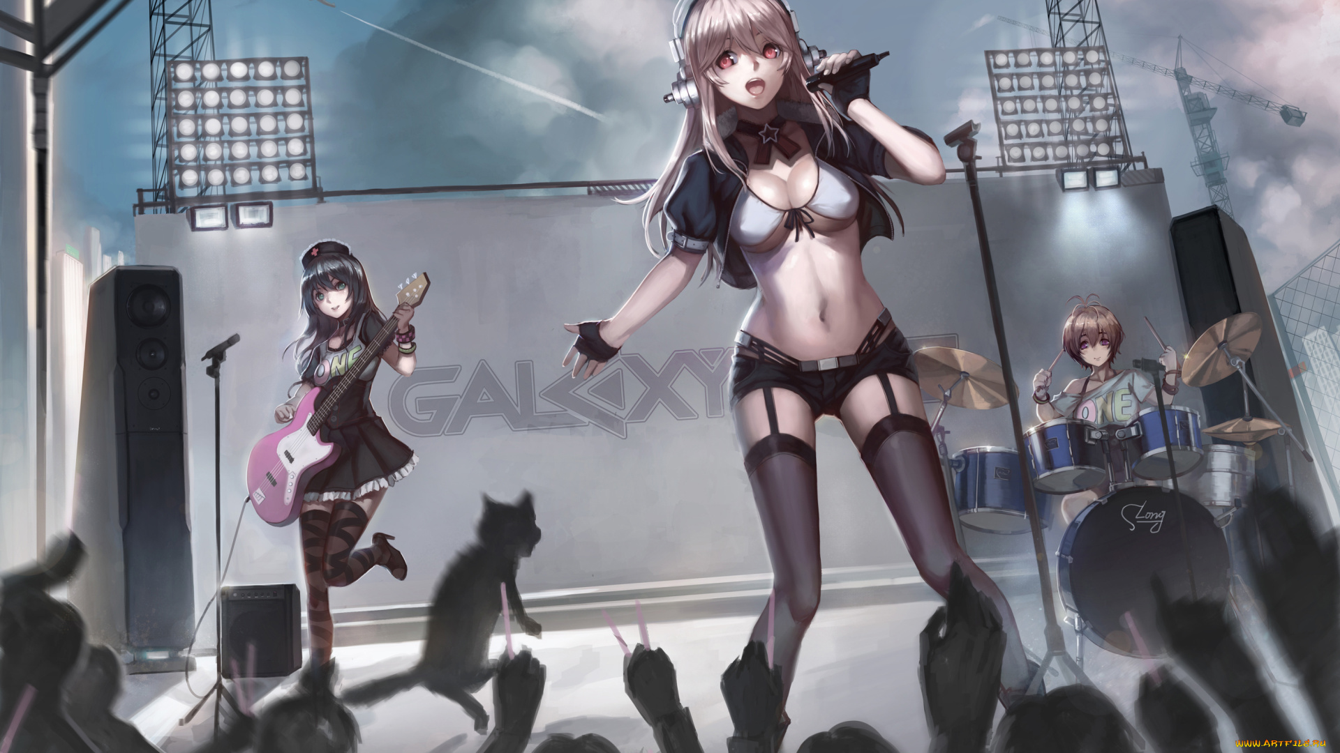 аниме, super, sonico, девушки, бикини, зрители, выступление, динамики, кот, пение, микрофон