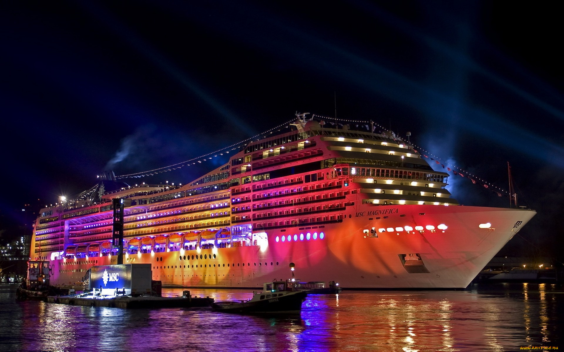 корабли, лайнеры, огни, прожекторы, причал, лайнер, порт