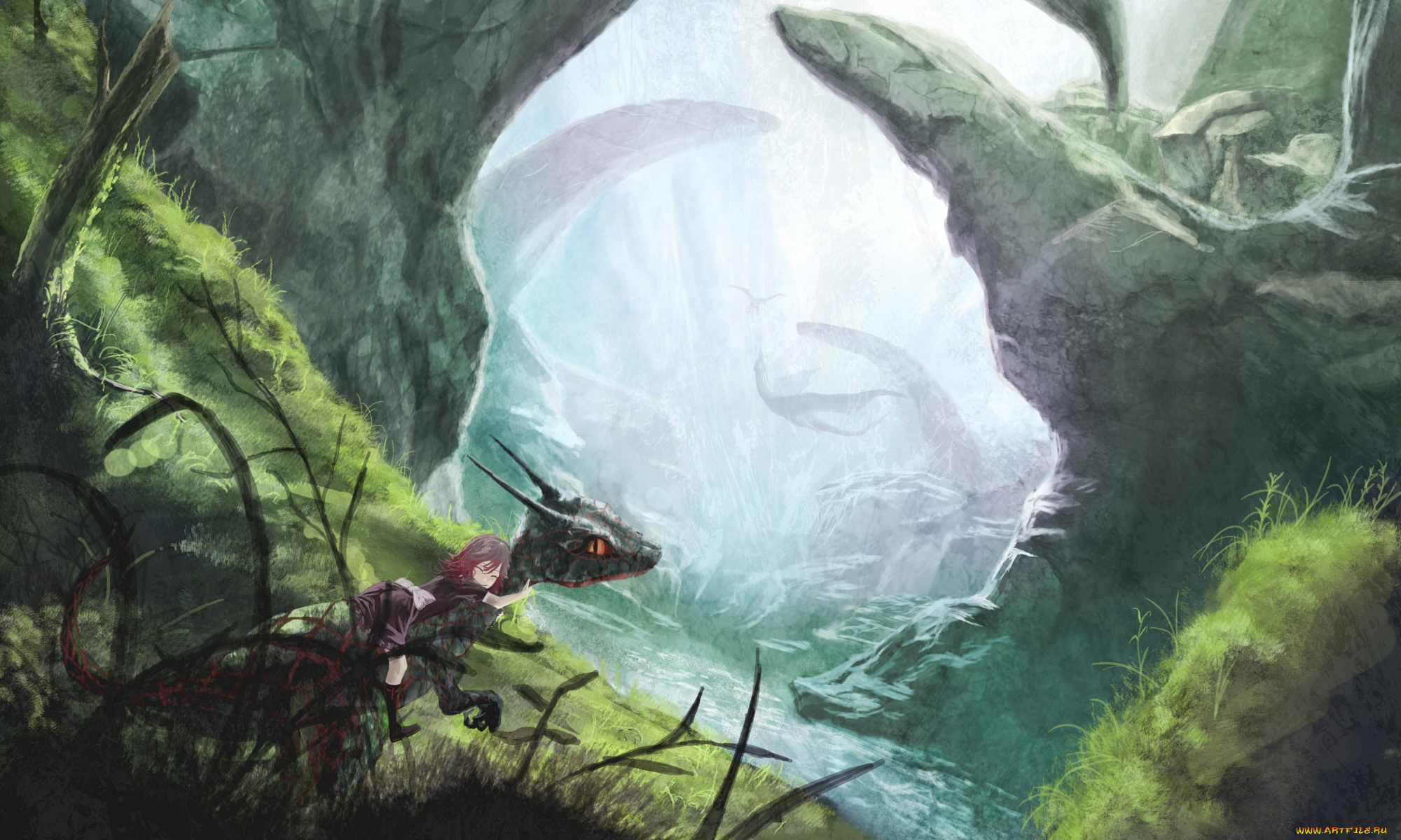 аниме, animals, девушка, динозавр, скалы