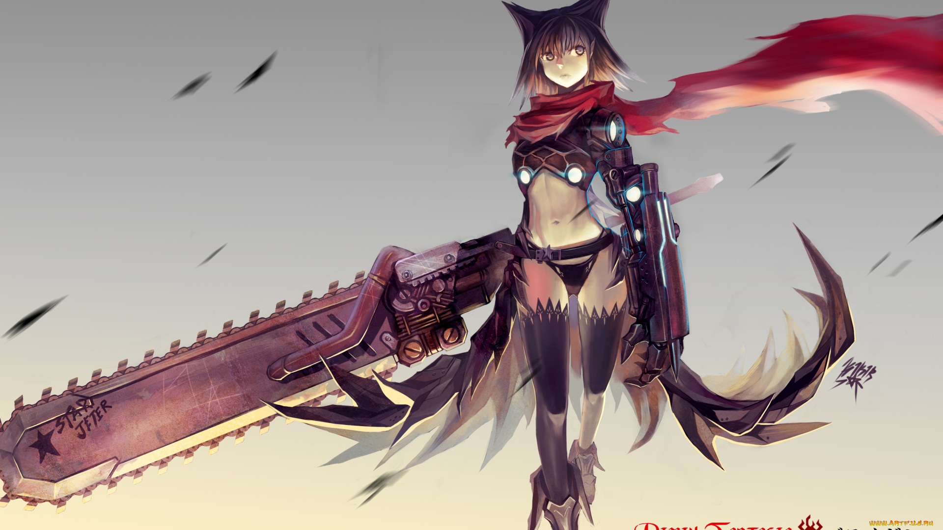 by, kikira, аниме, pixiv, fantasia, девушка, шарф, оружие, киборг, ушки, пила