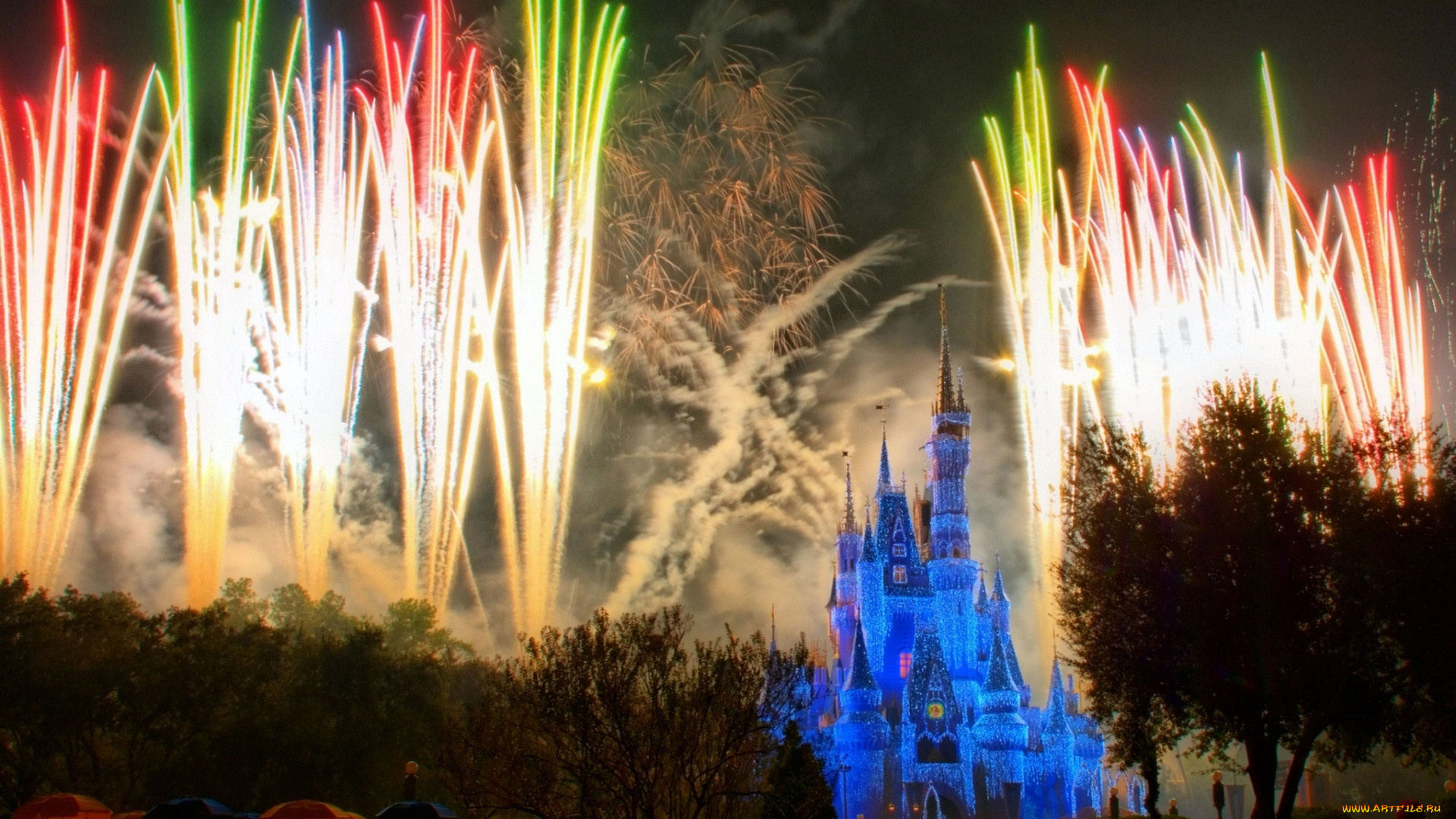 города, диснейленд, замок, золушки, штат, флорида, сша, фейерверк