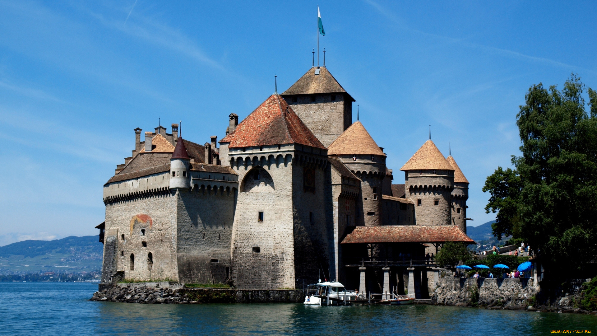 города, шильонский, замок, швейцария, башни, вода