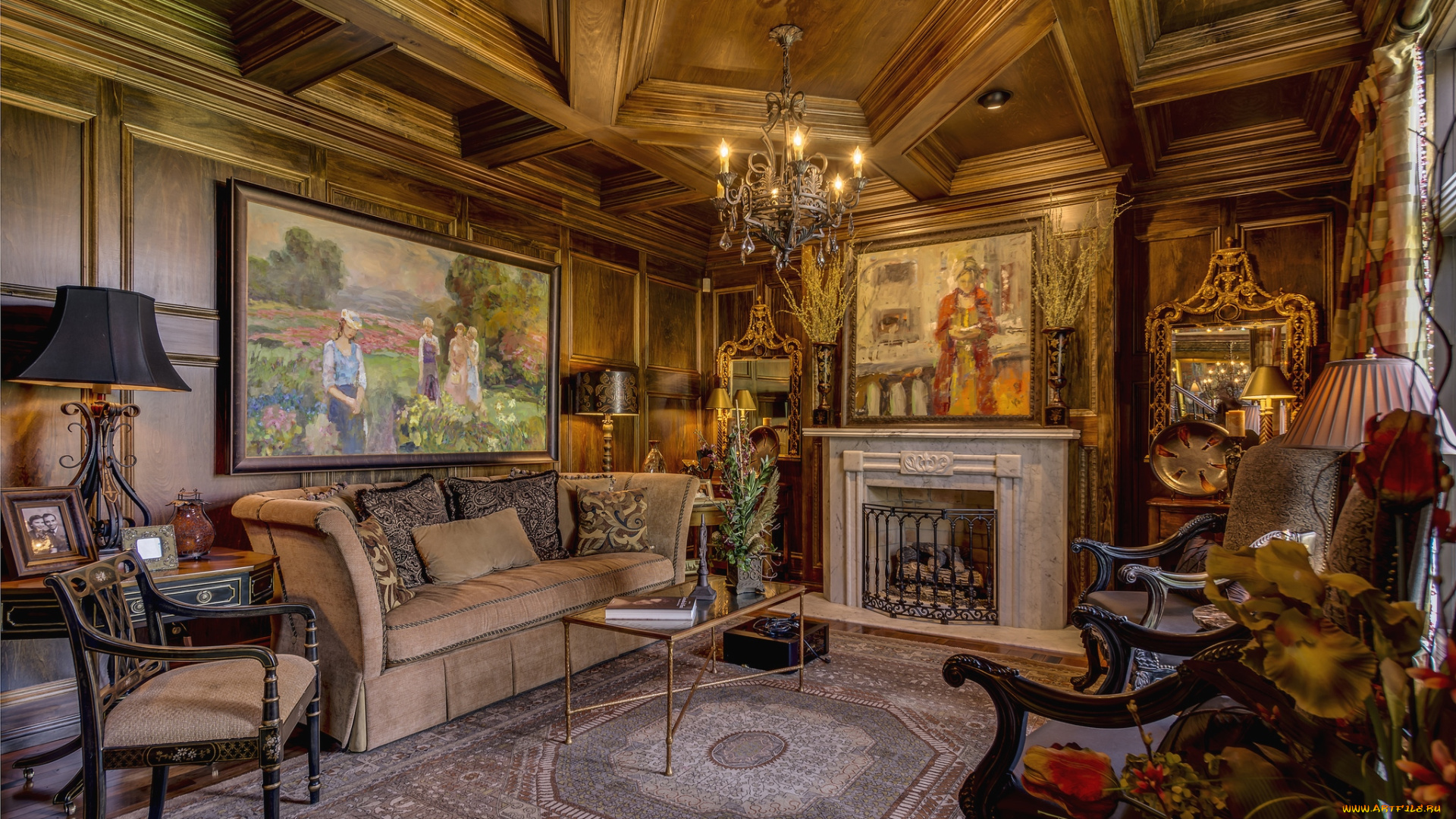 интерьер, гостиная, камин, диван, люстра, картины, потолок