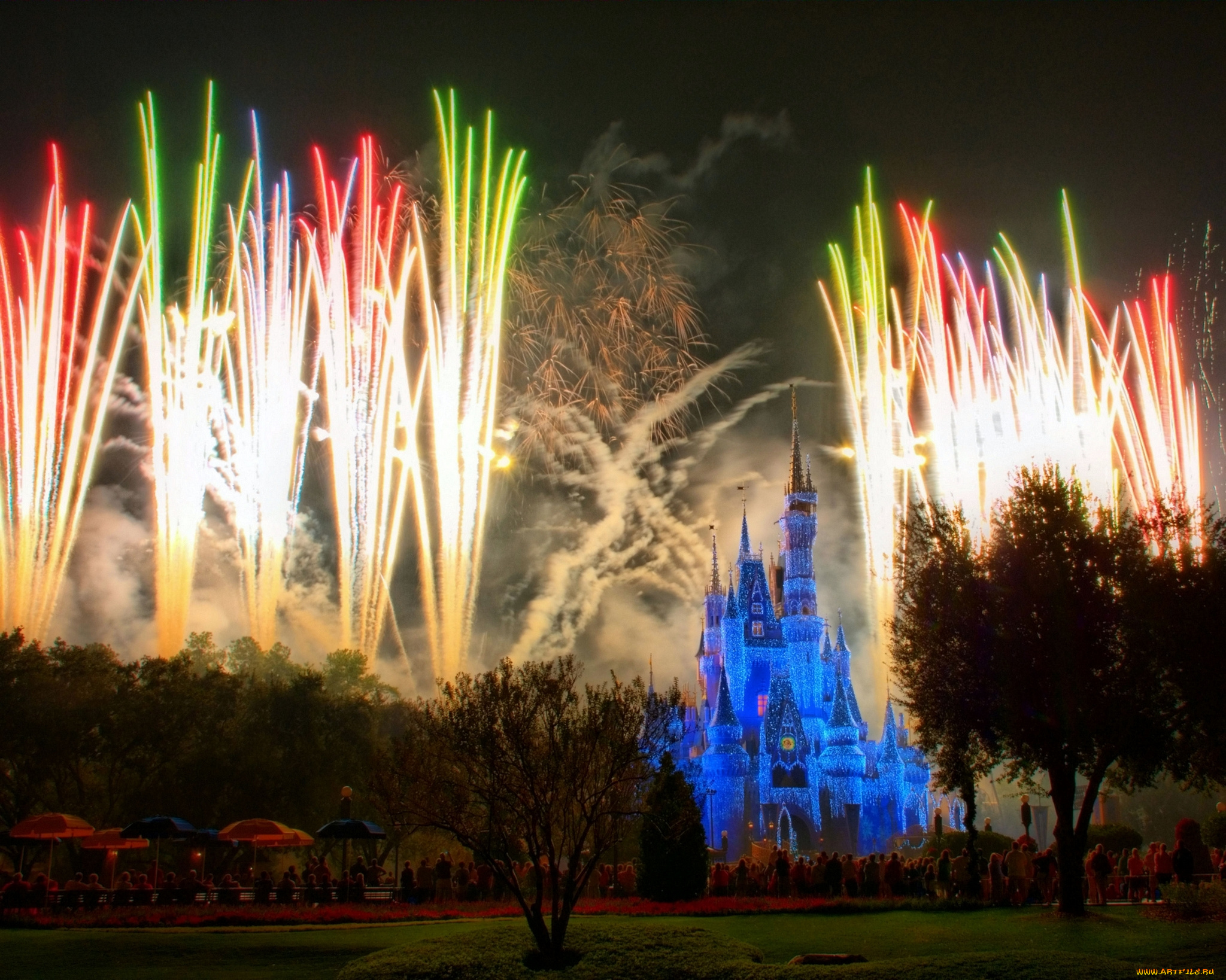 города, диснейленд, замок, золушки, штат, флорида, сша, фейерверк
