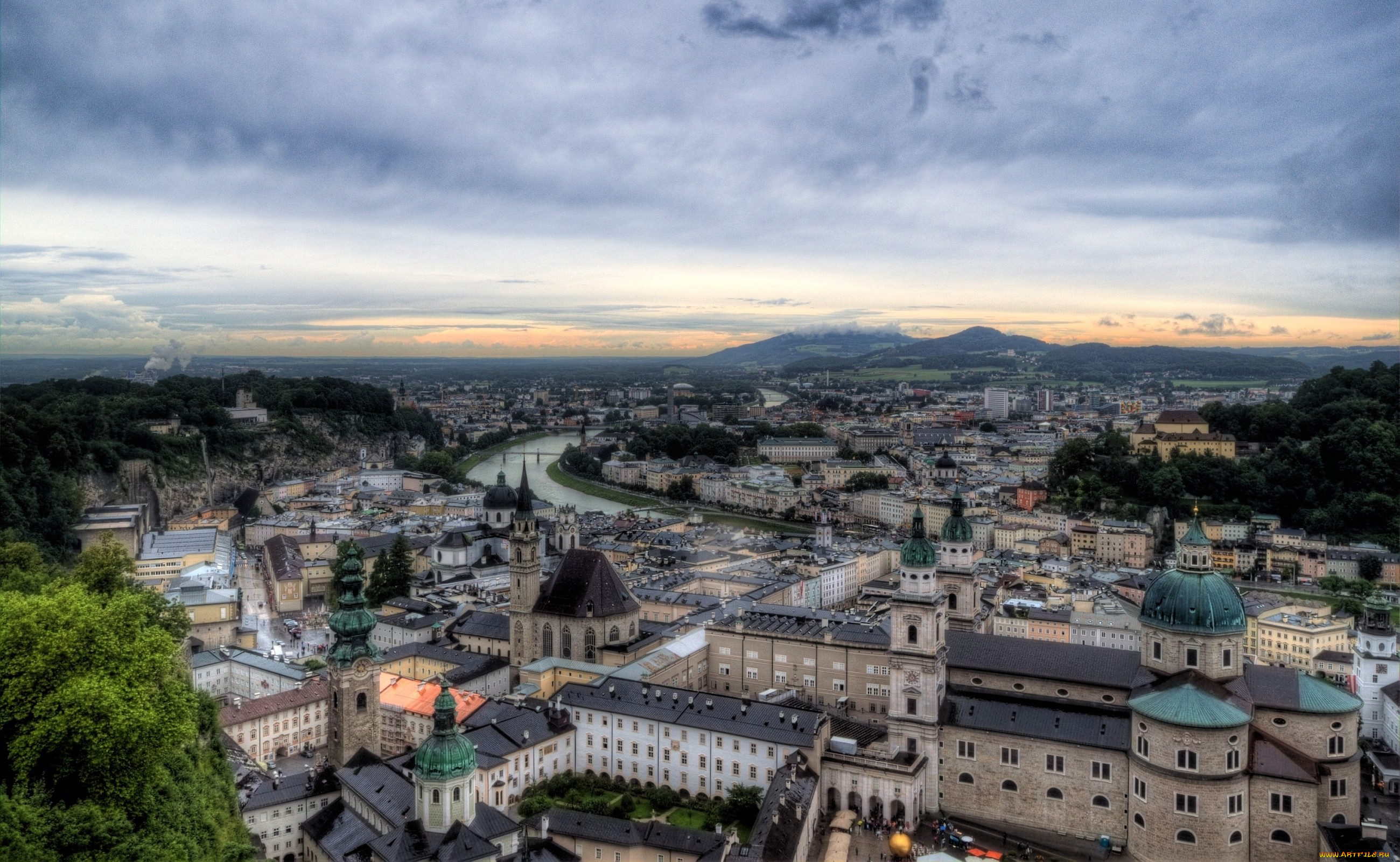 города, зальцбург, австрия, здания, панорама, река