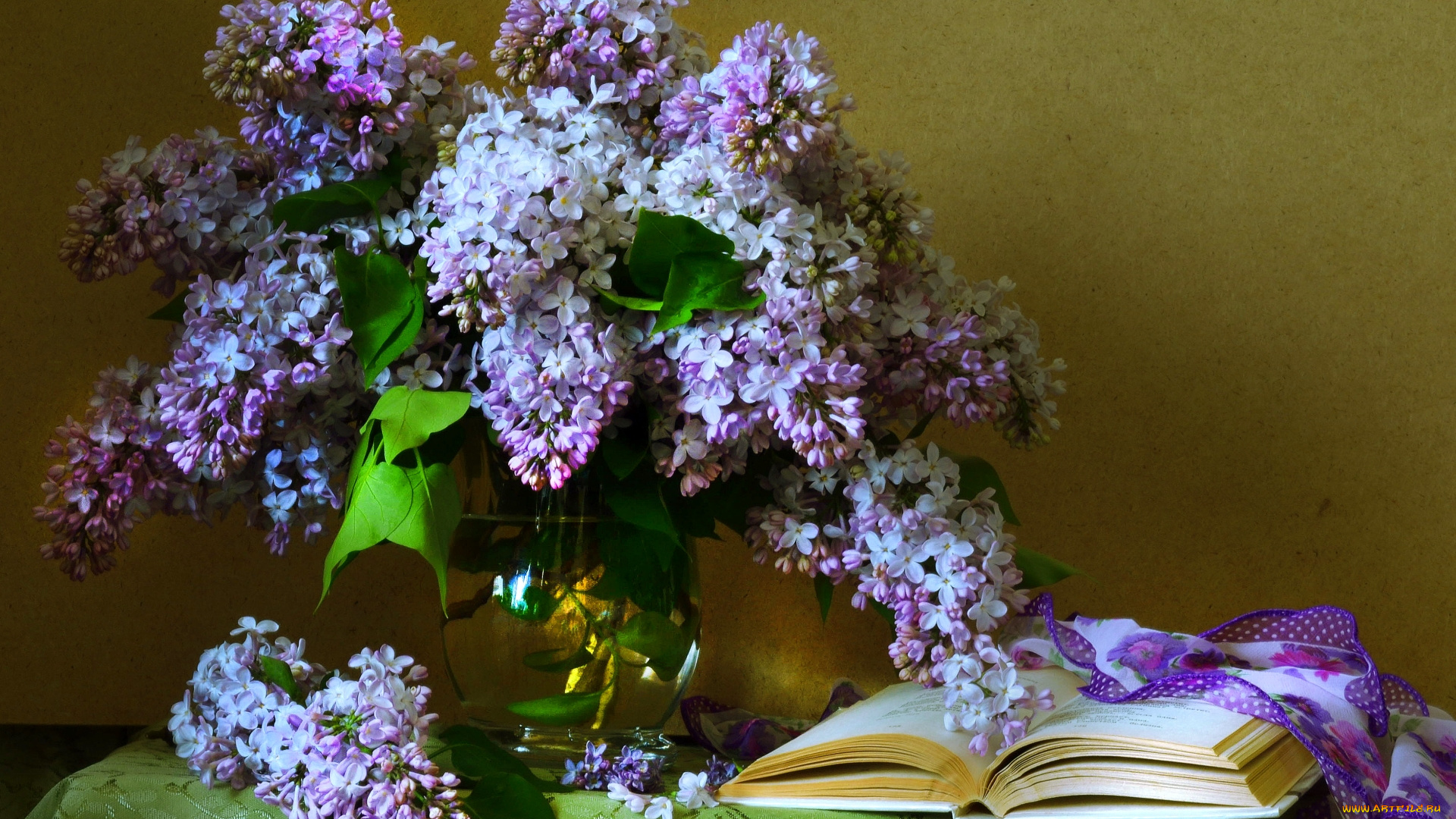 цветы, сирень, книга, букет