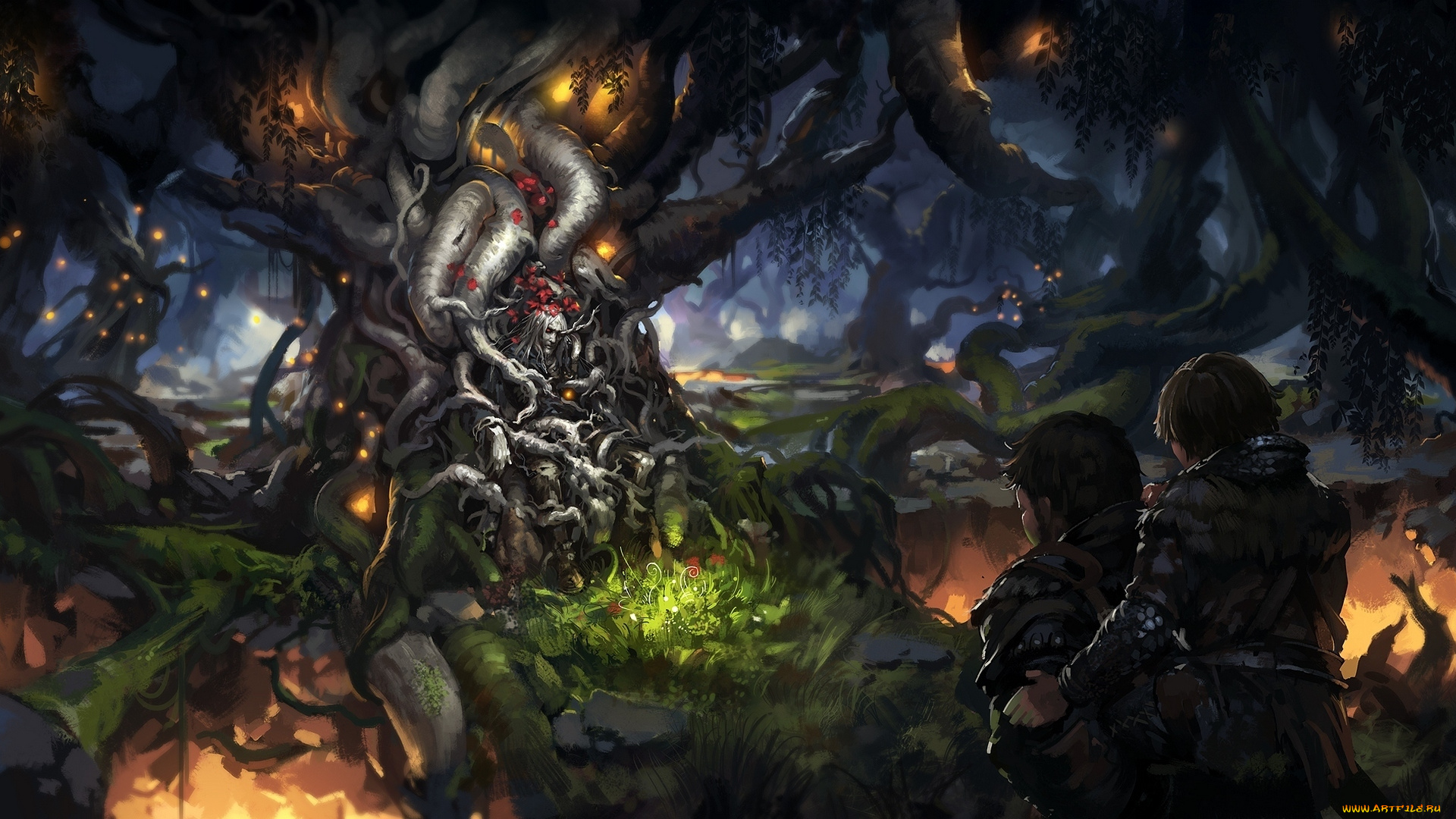 фэнтези, люди, дерево, лес, огни