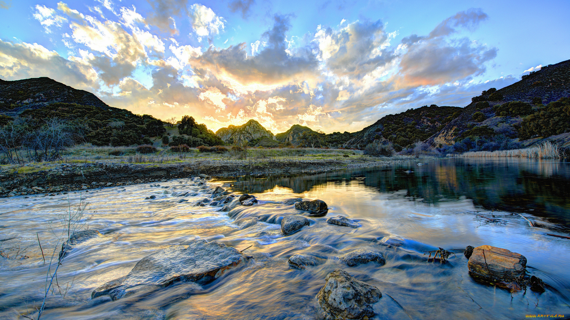 природа, реки, озера, горы, облака, река