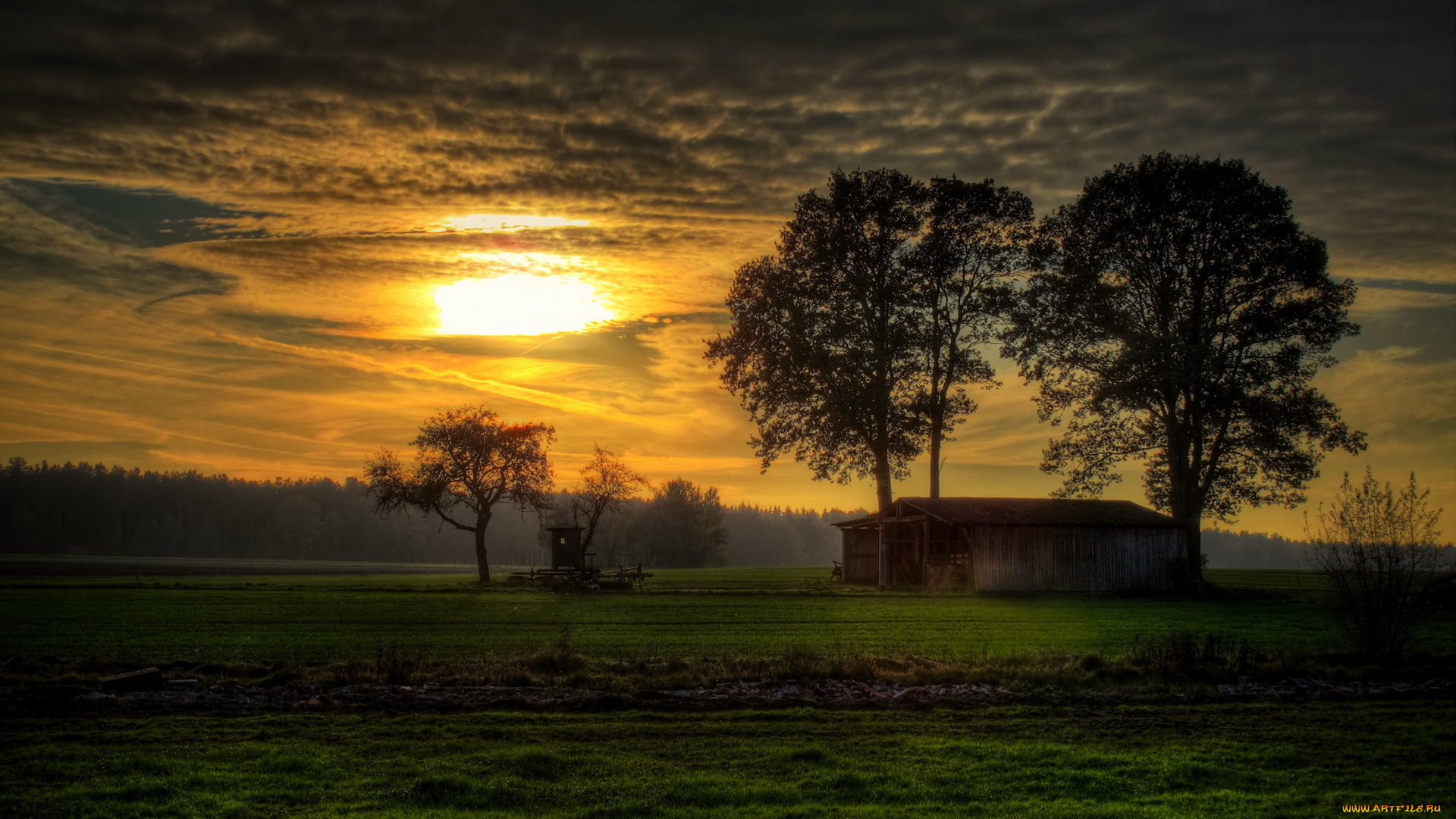 природа, восходы, закаты, закат, поле, небо, дом