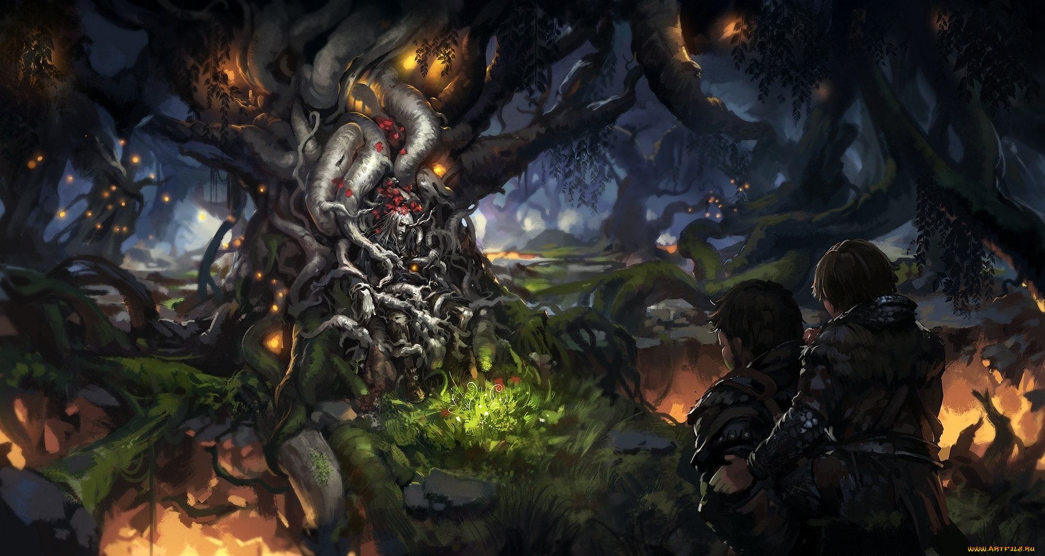 фэнтези, люди, дерево, лес, огни