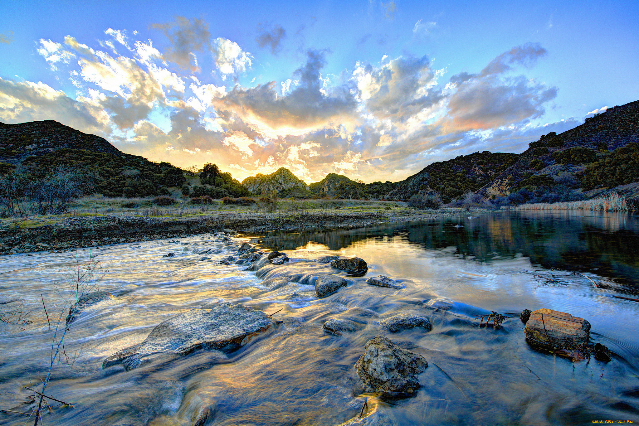 природа, реки, озера, горы, облака, река