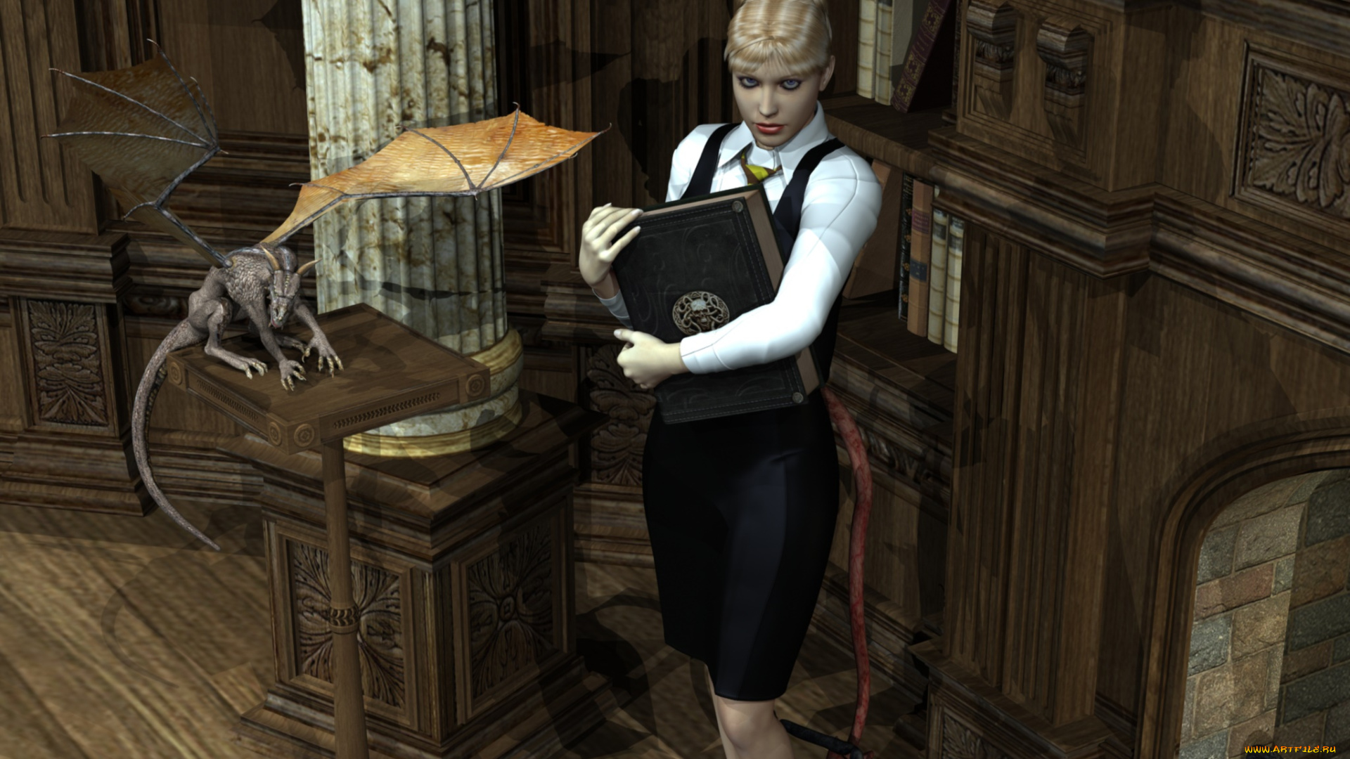 3д, графика, фантазия, , fantasy, фон, взгляд, девушка, дракон, книга