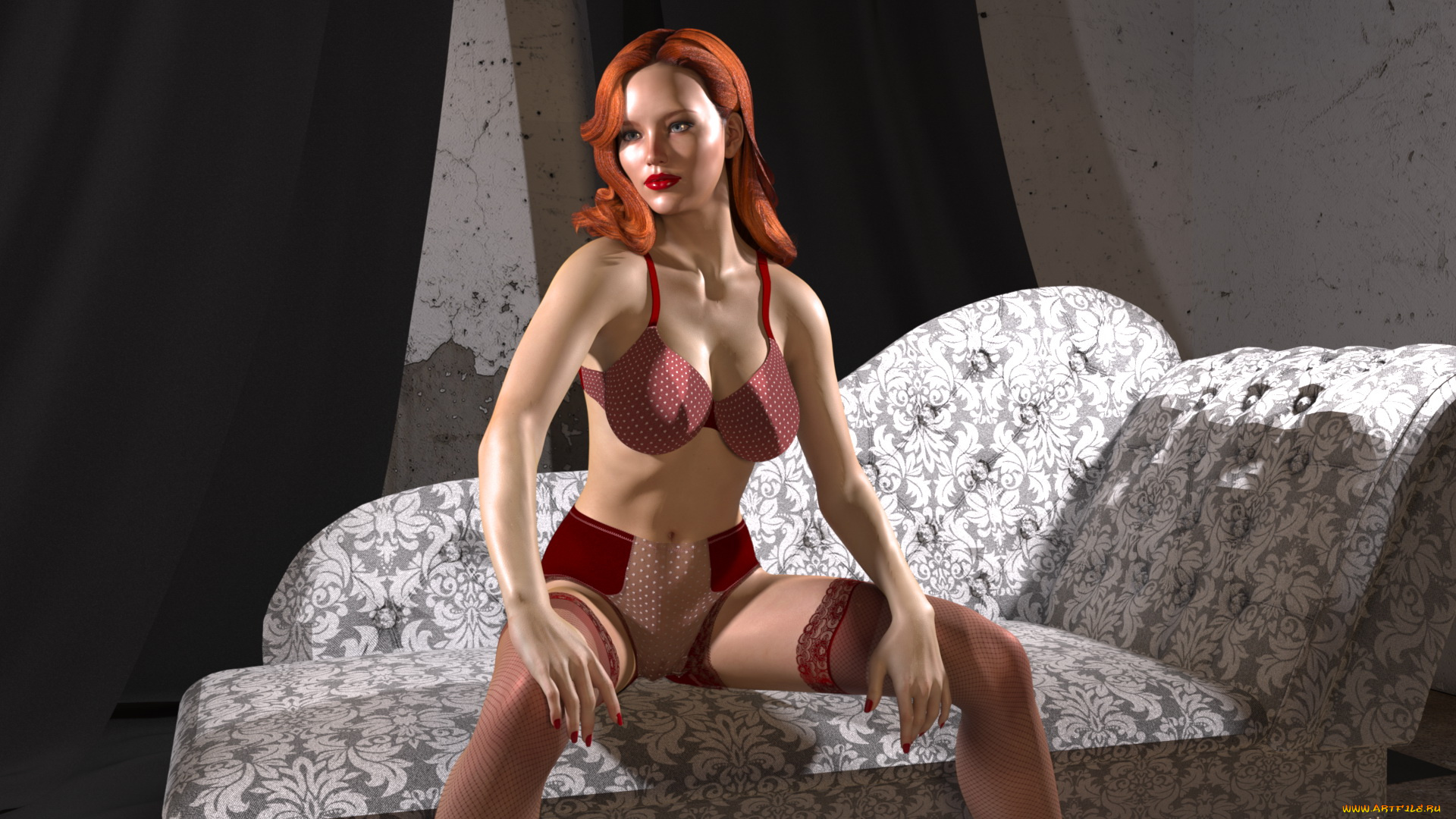 3д, графика, люди, , people, диван, рыжая, фон, взгляд, девушка