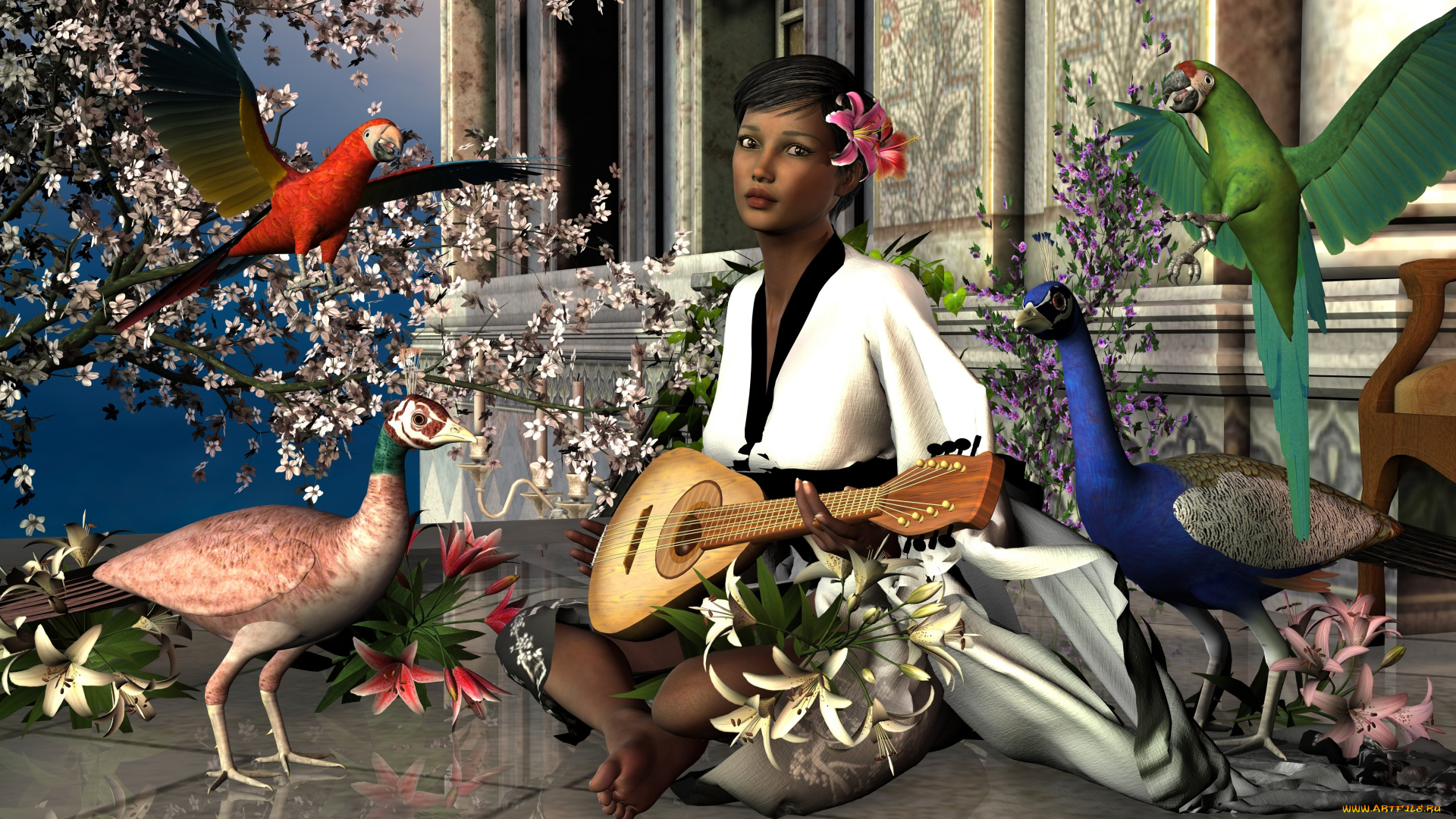 3д, графика, люди, , people, фазан, фон, цветы, попугаи, взгляд, девушка