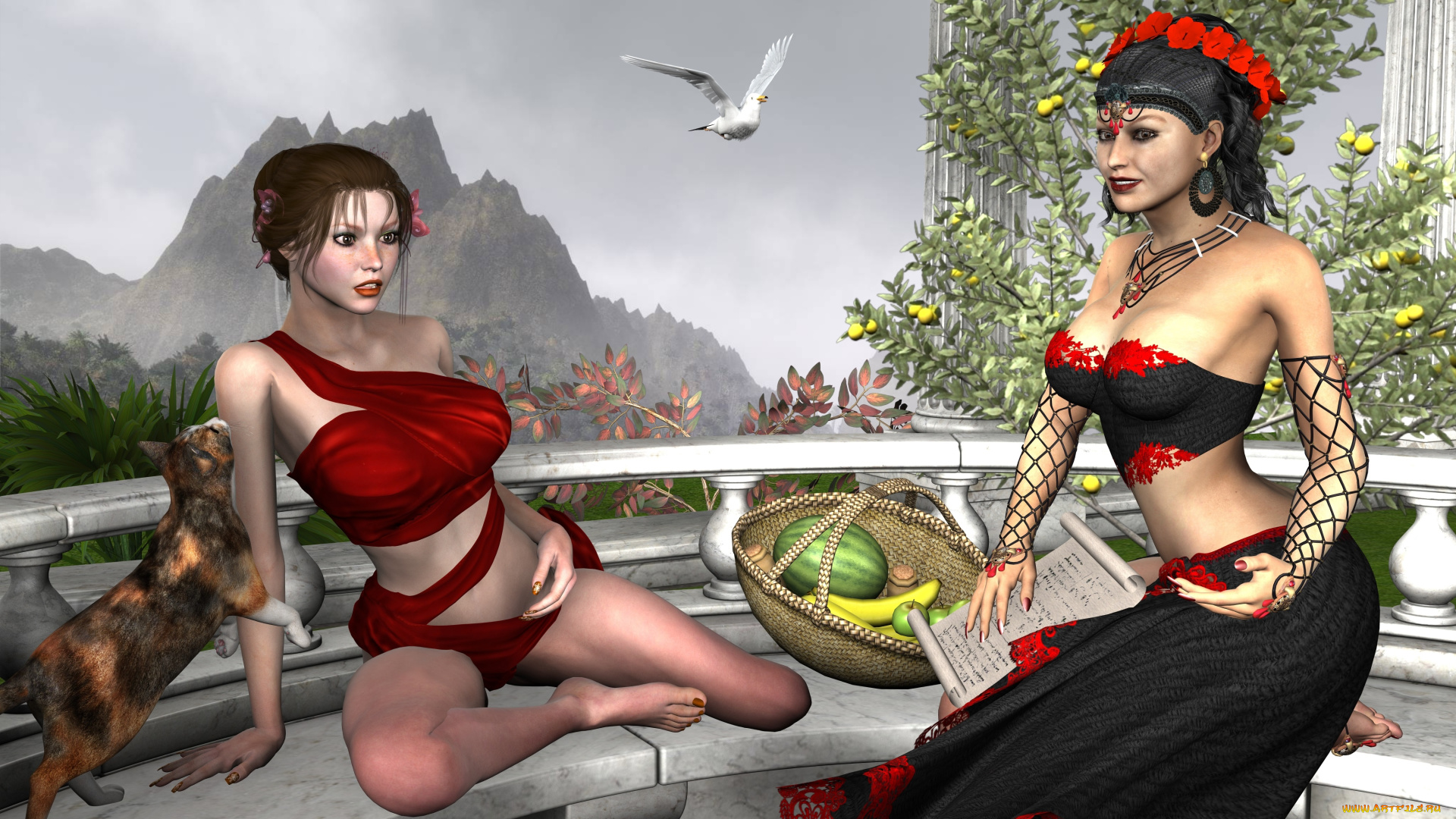 3д, графика, люди, , people, фрукты, птица, кот, фон, взгляд, девушки