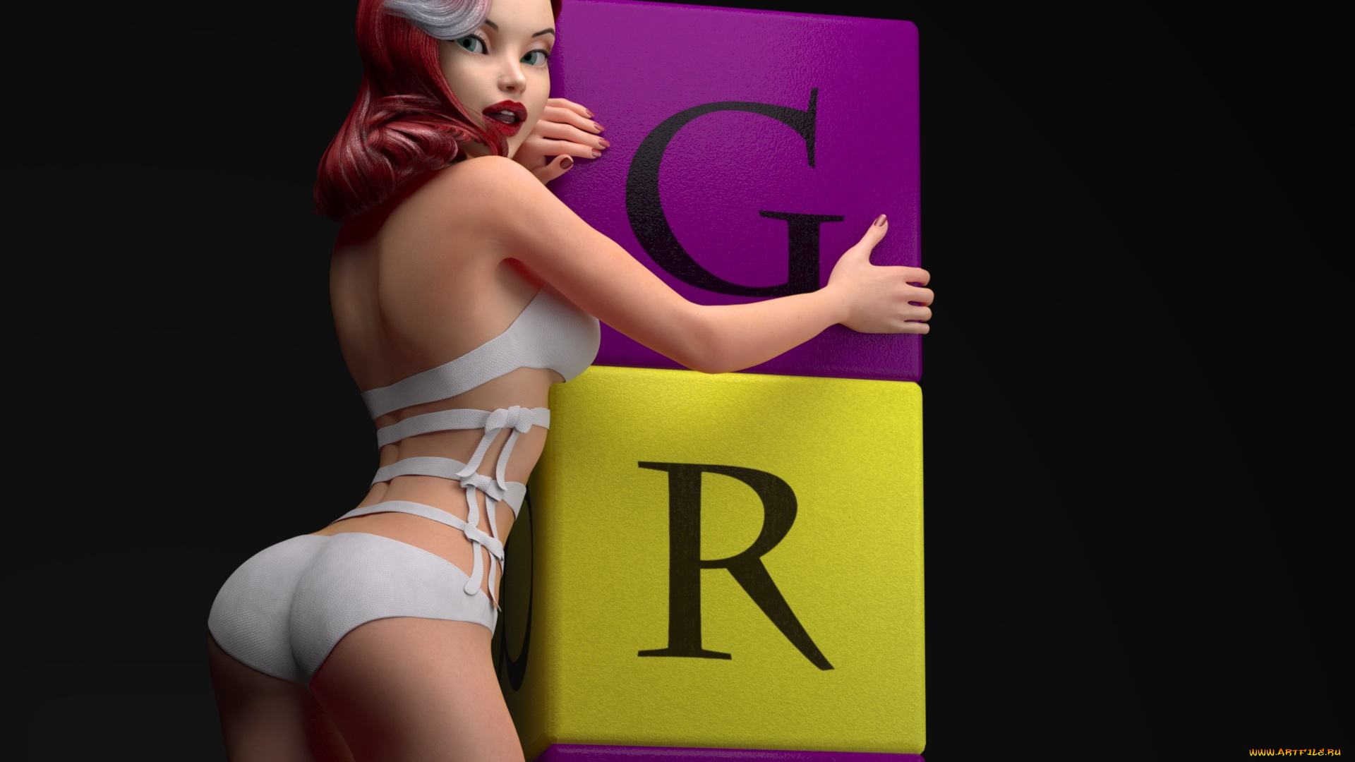 3д, графика, люди, , people, кубики, рыжая, фон, взгляд, девушка