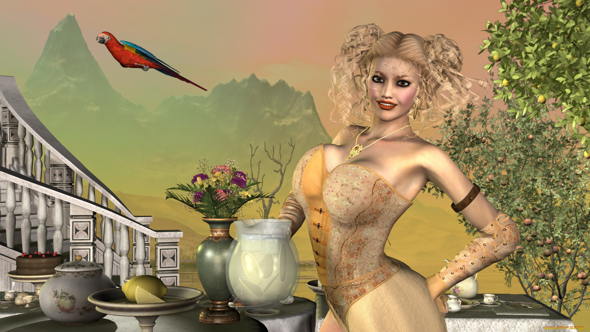 3д, графика, люди, , people, лестница, горы, растение, попугай, цветы, взгляд, фрукты, лимон, девушка, улыбка, фон, ваза, кувшин