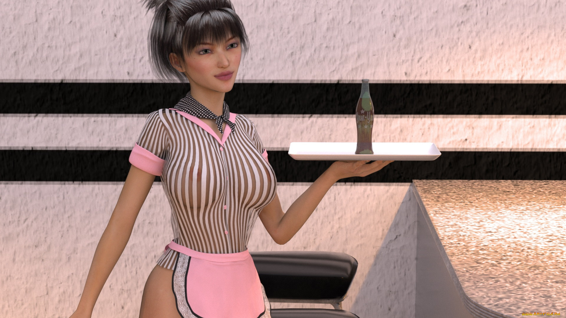 3д, графика, люди, , people, поднос, фон, взгляд, девушка