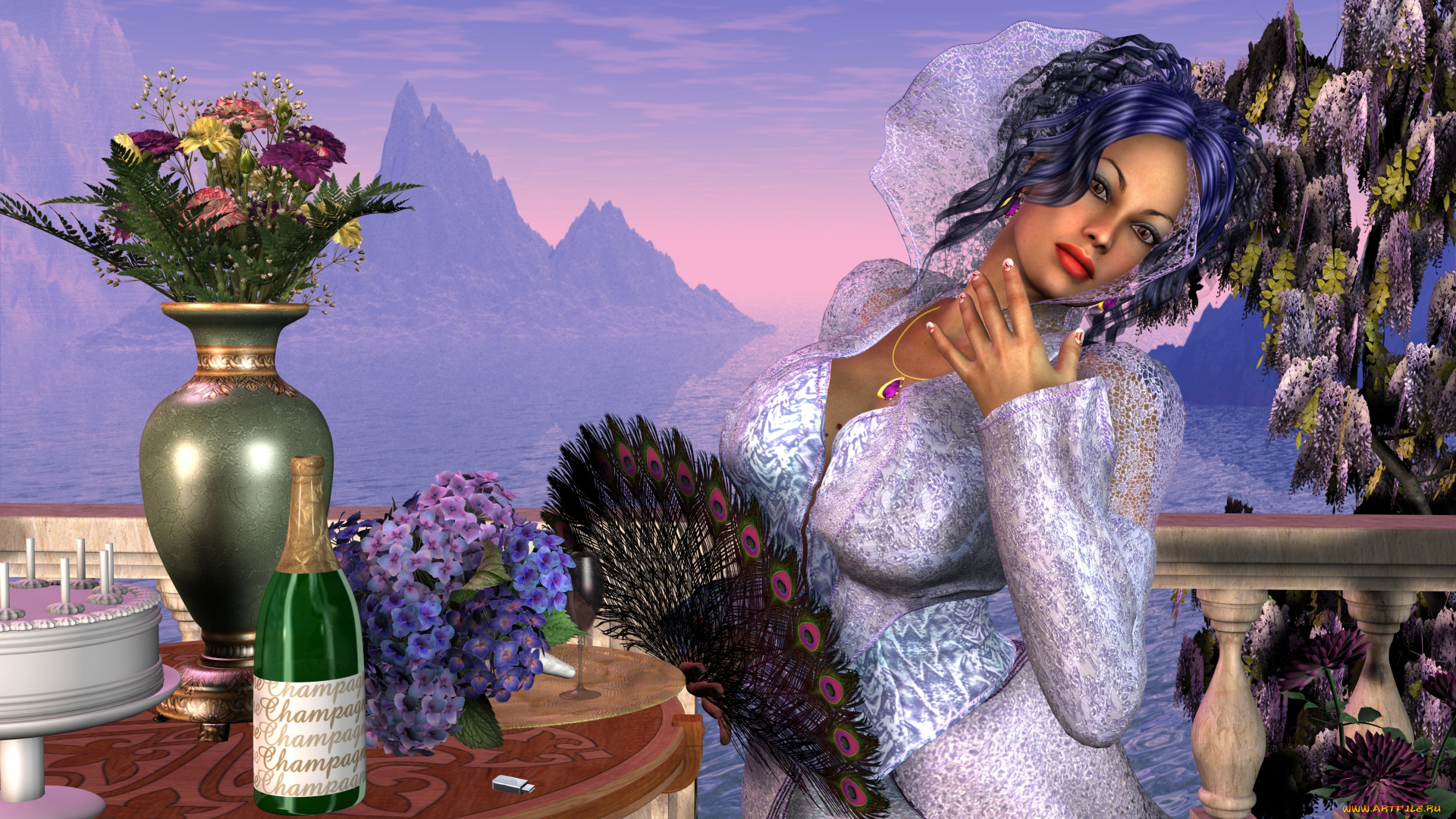 3д, графика, люди, , people, веер, шампанское, стол, фон, ваза, цветы, взгляд, девушка