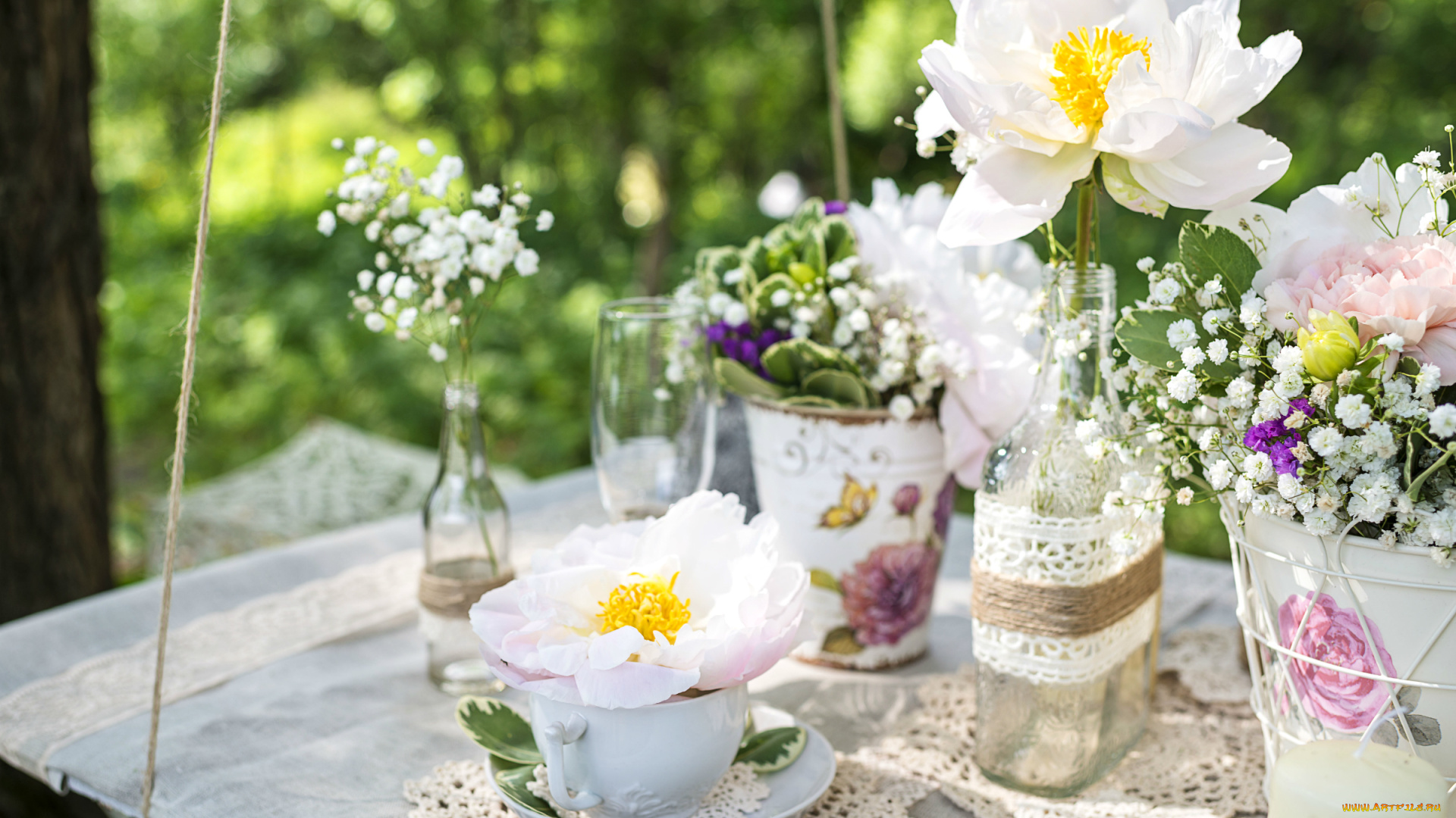 цветы, букеты, , композиции, гипсофила, стиль, винтаж, салфетки, пионы, весна, чашки