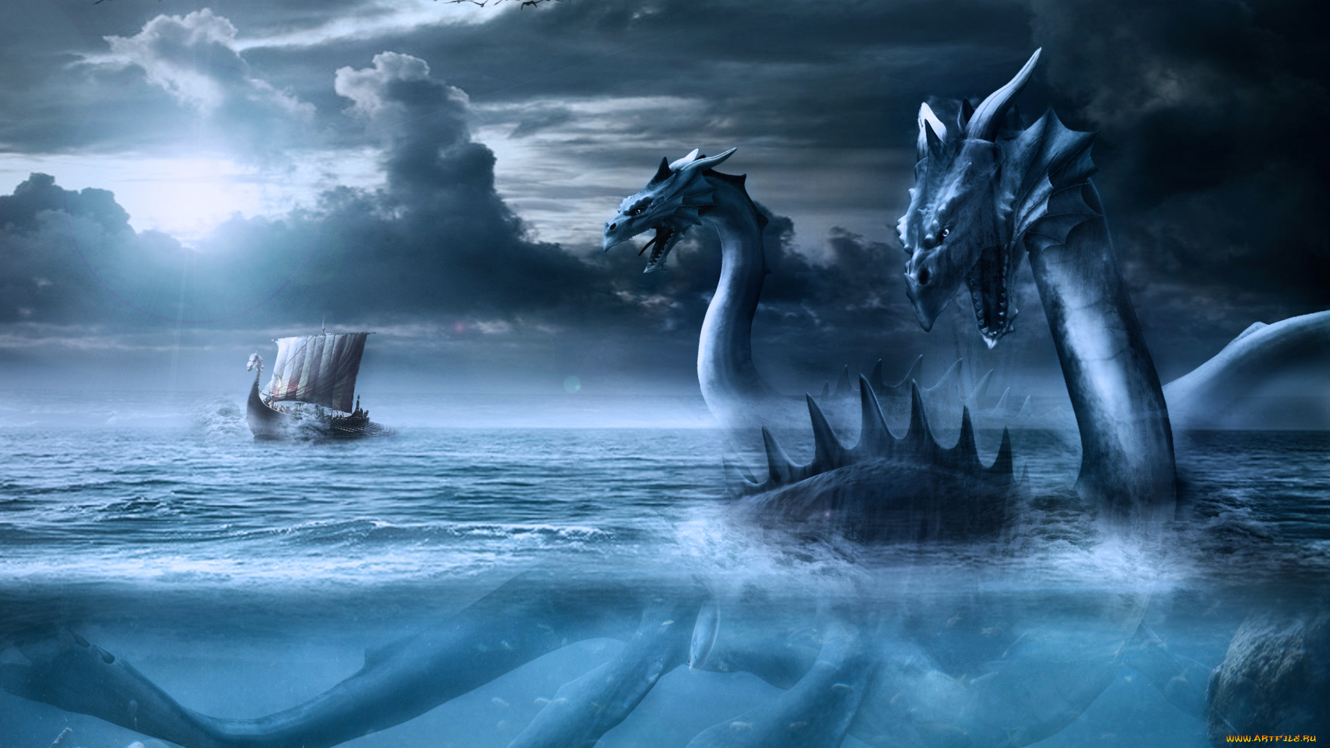 фэнтези, существа, морское, чудовище, корабль, море, арт