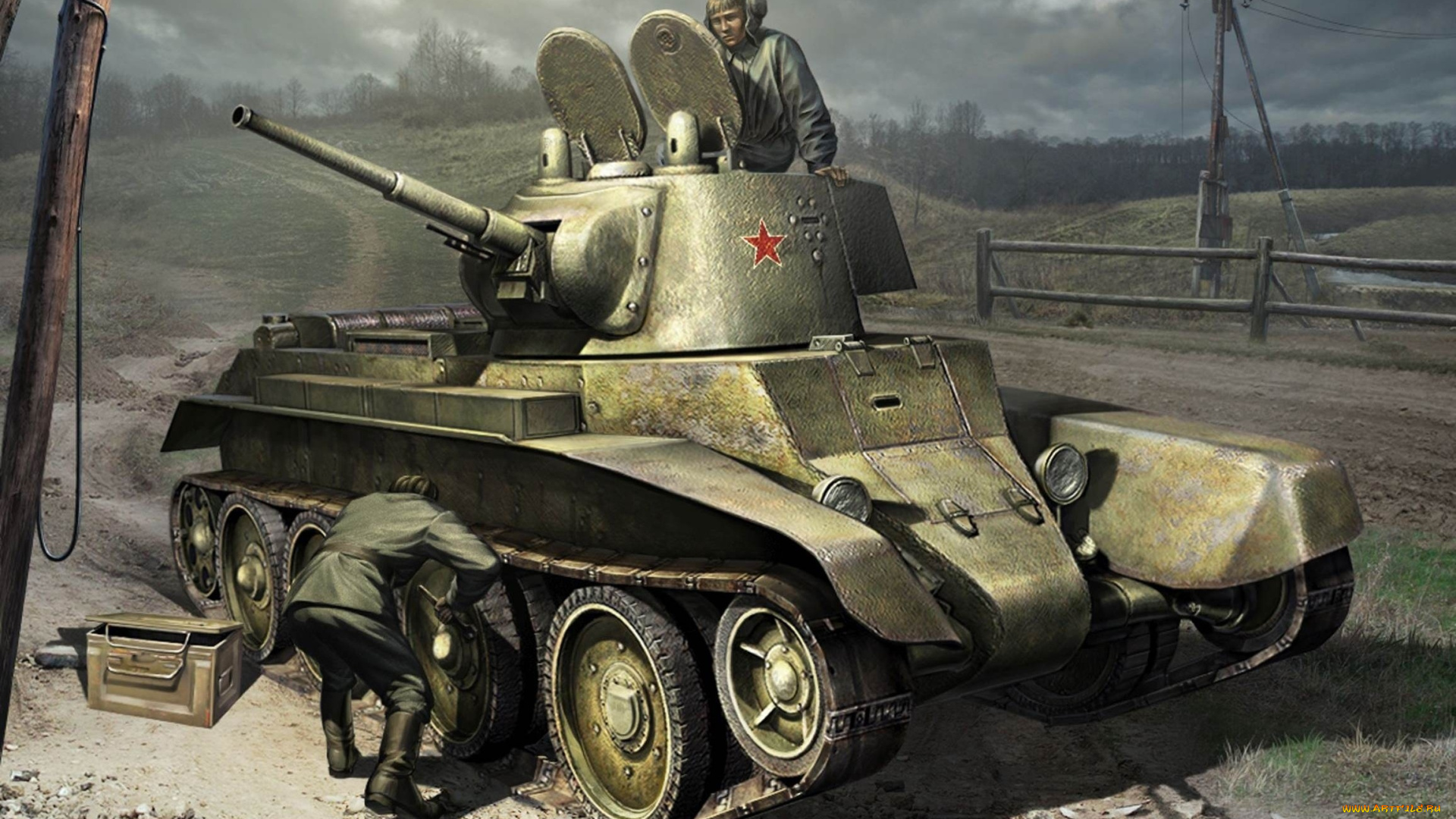 рисованное, армия, бт-2, танк, ремонтируют