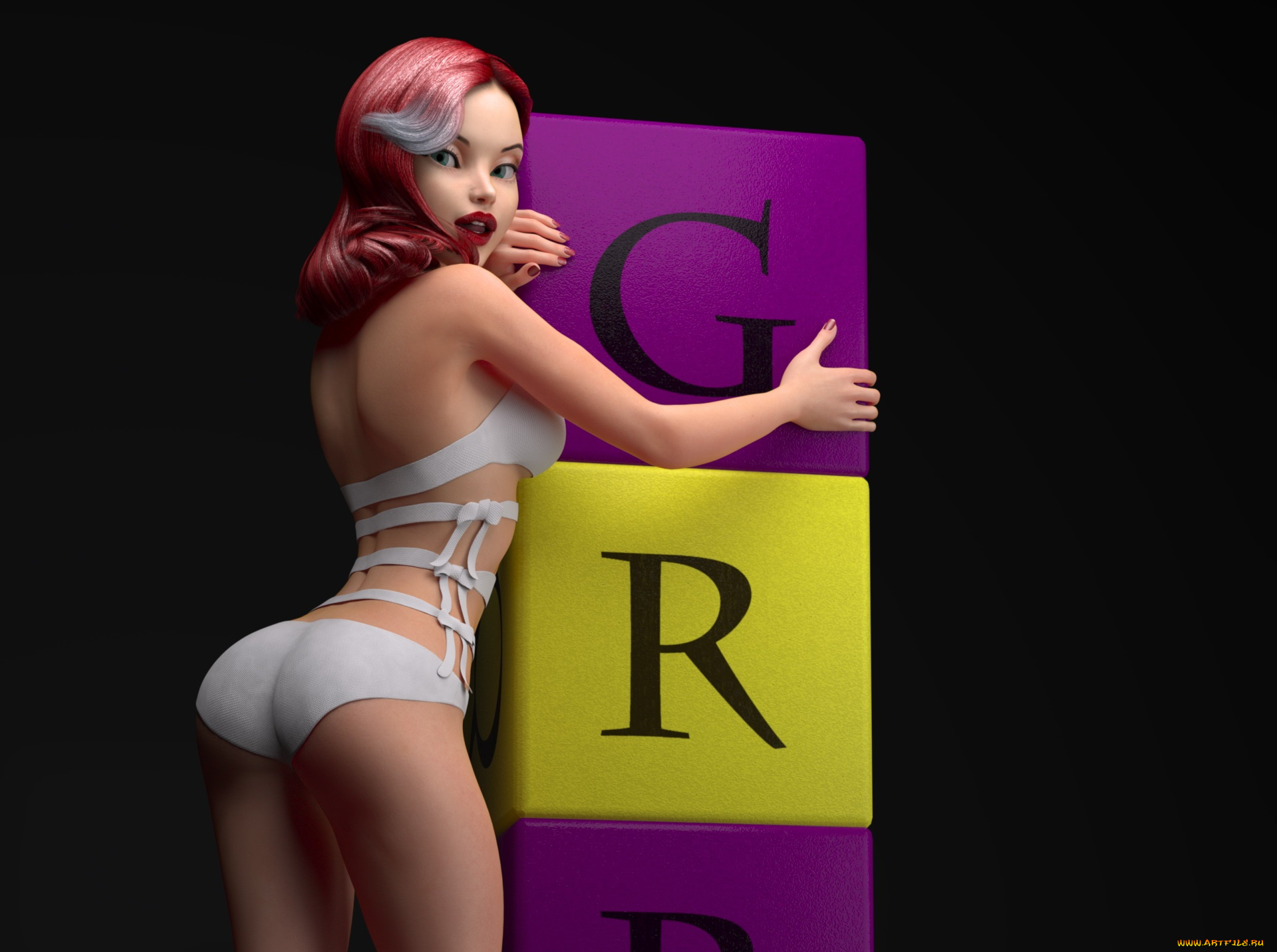 3д, графика, люди, , people, кубики, рыжая, фон, взгляд, девушка