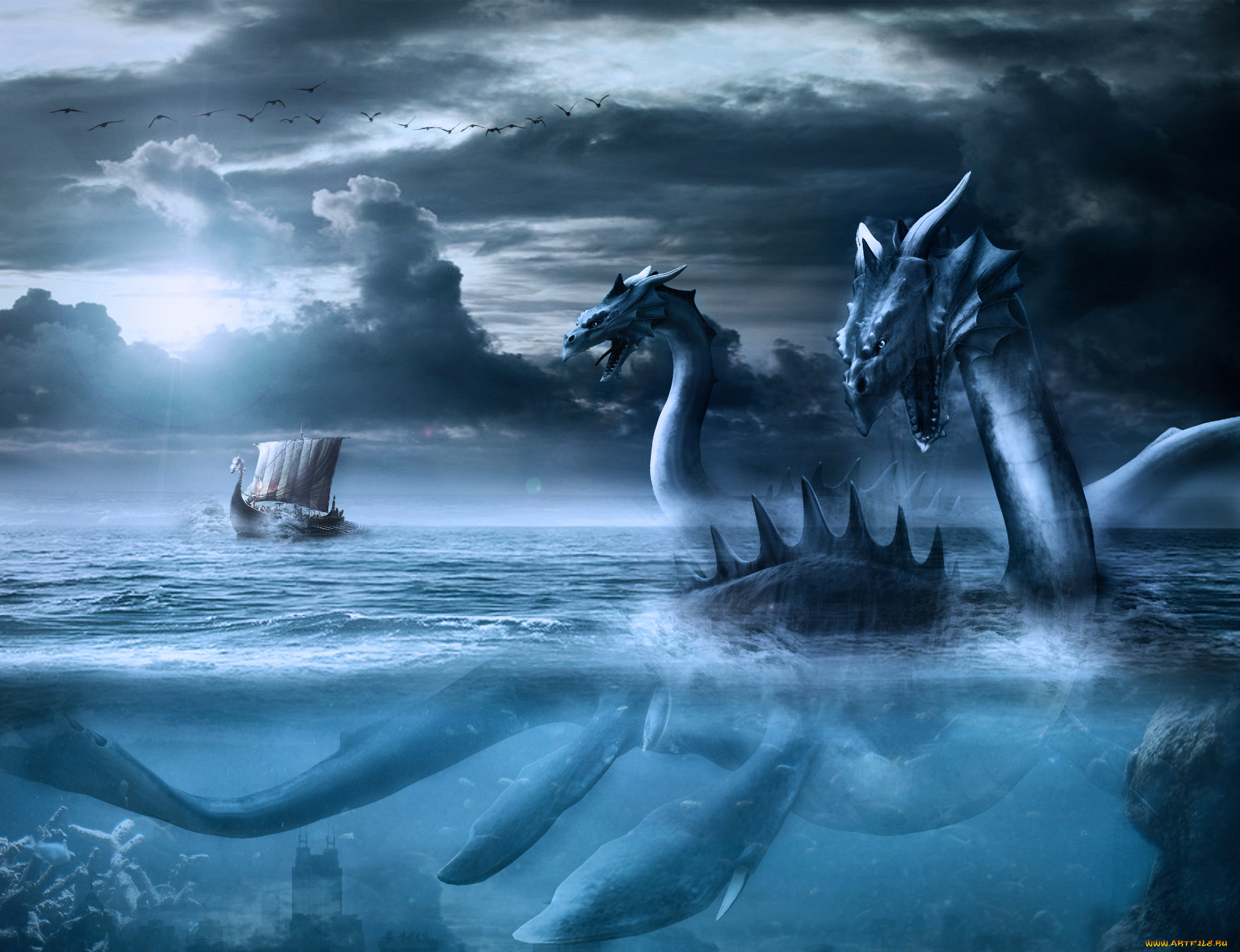 фэнтези, существа, морское, чудовище, корабль, море, арт