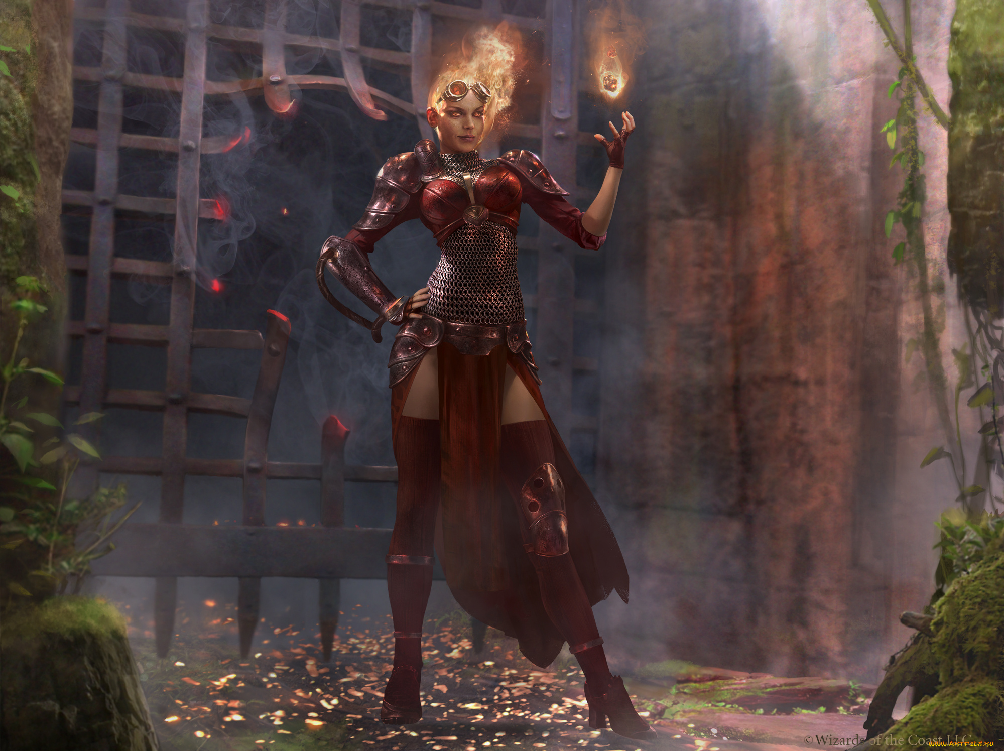 3д, графика, фантазия, , fantasy, огонь, магия, фон, взгляд, девушка