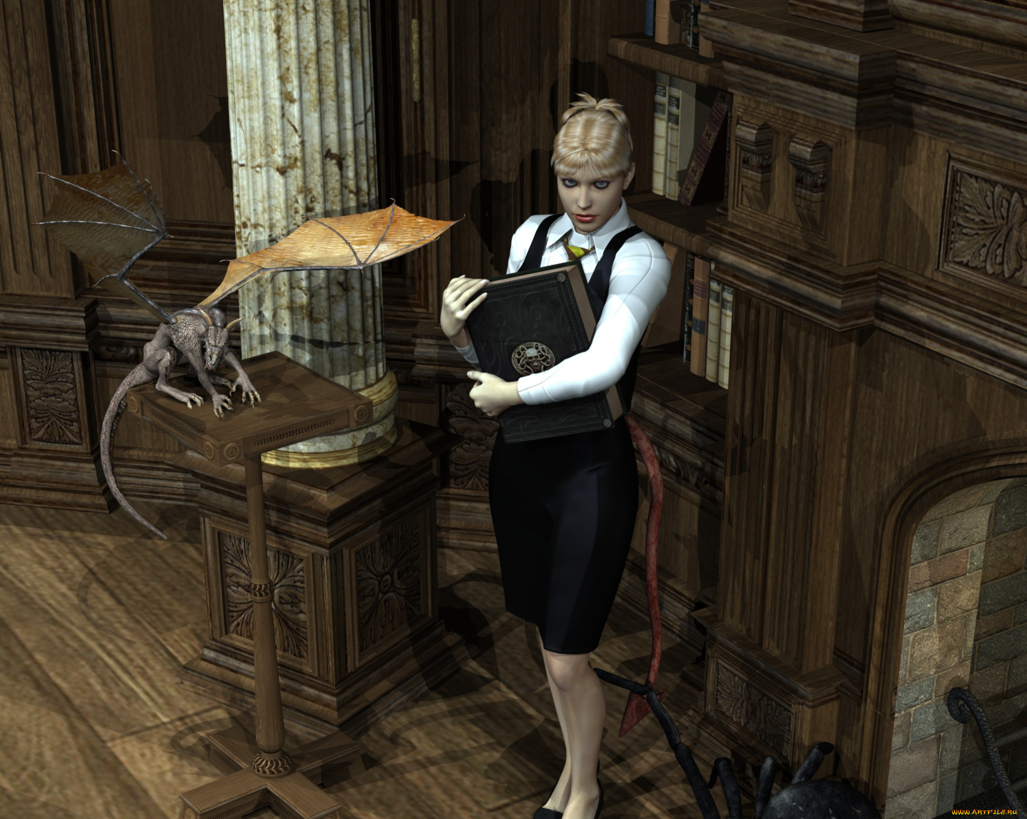 3д, графика, фантазия, , fantasy, фон, взгляд, девушка, дракон, книга