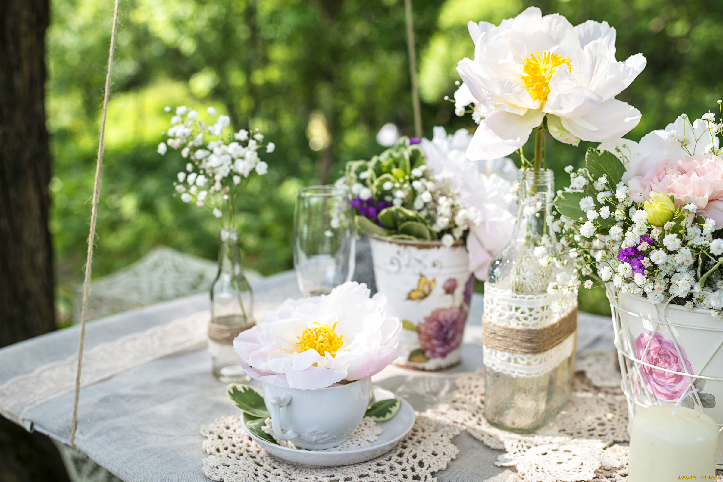 цветы, букеты, , композиции, гипсофила, стиль, винтаж, салфетки, пионы, весна, чашки