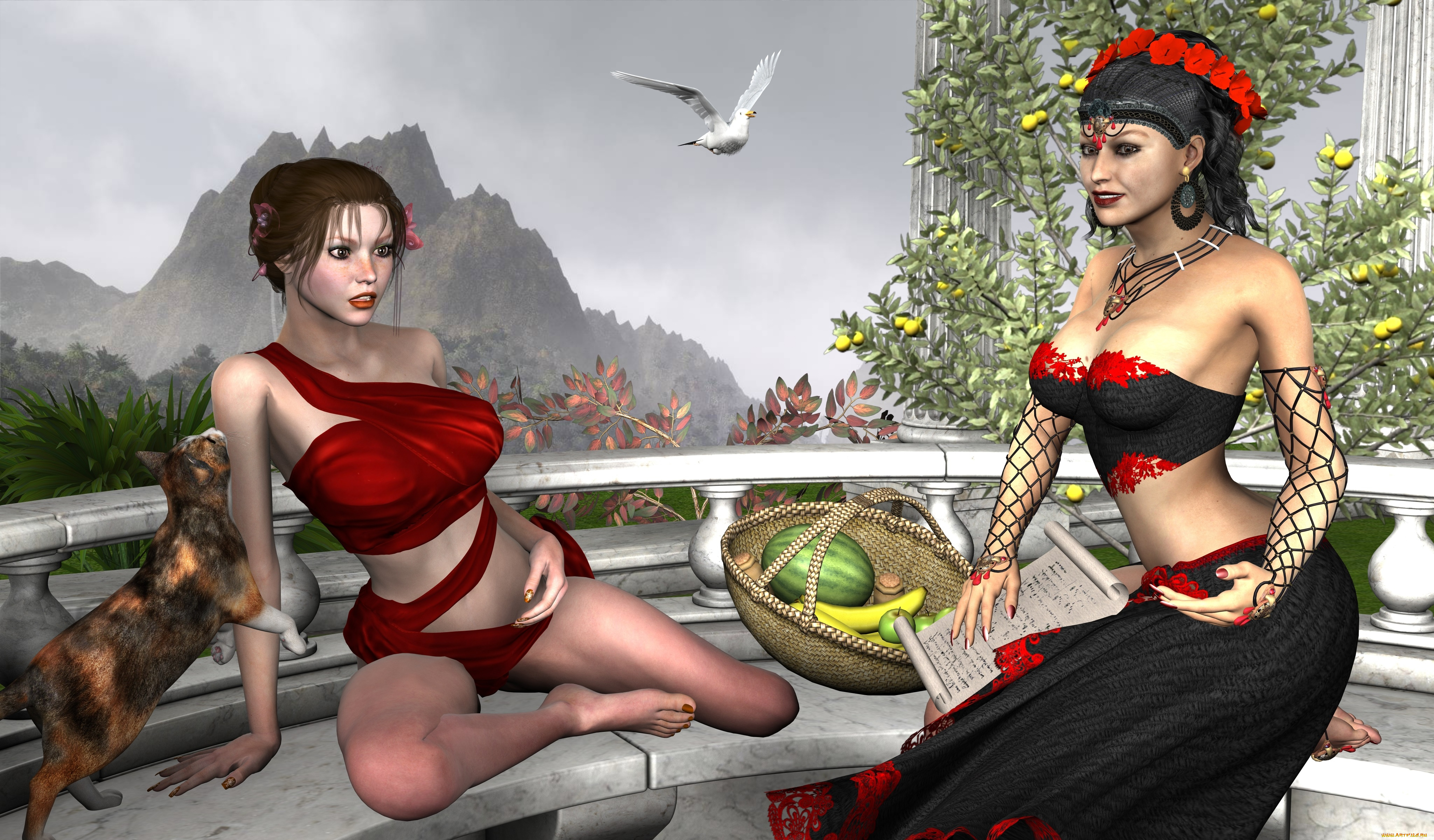 3д, графика, люди, , people, фрукты, птица, кот, фон, взгляд, девушки