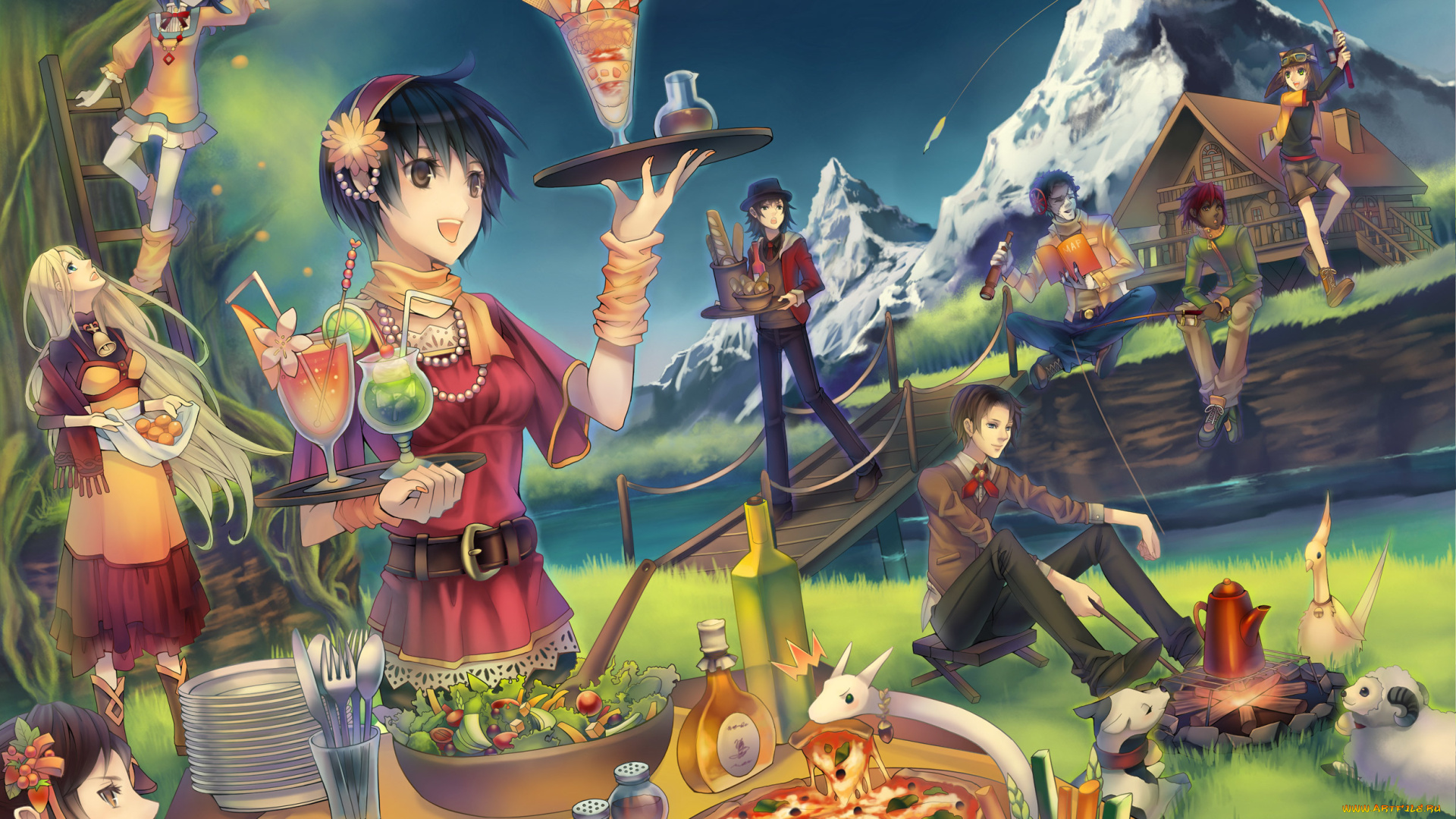 аниме, unknown, , другое, девушки, falseele, art, радость, парни, дом, еда, животные, пикник, веселье