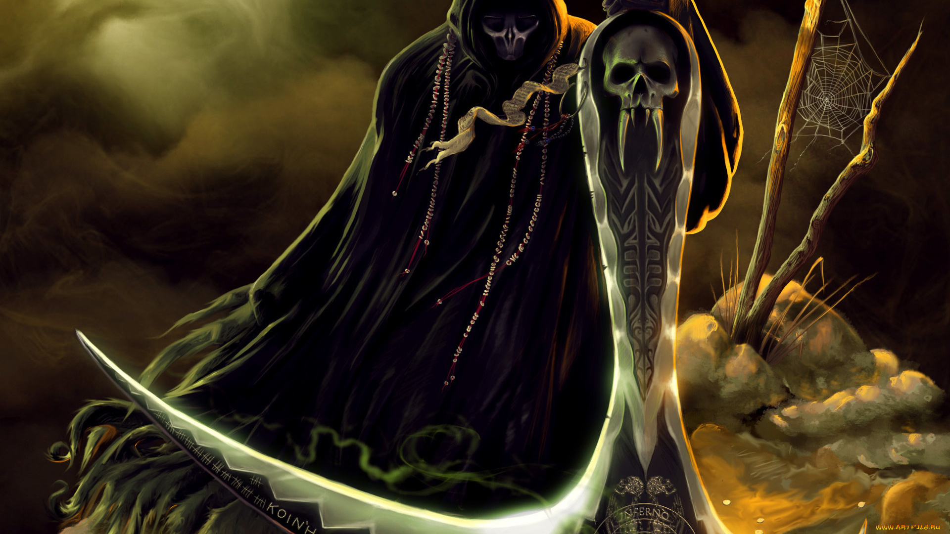 фэнтези, нежить, fantasy, фэнтази, череп, фонарь, коса, скелет, смерть, ночь, символы, арт