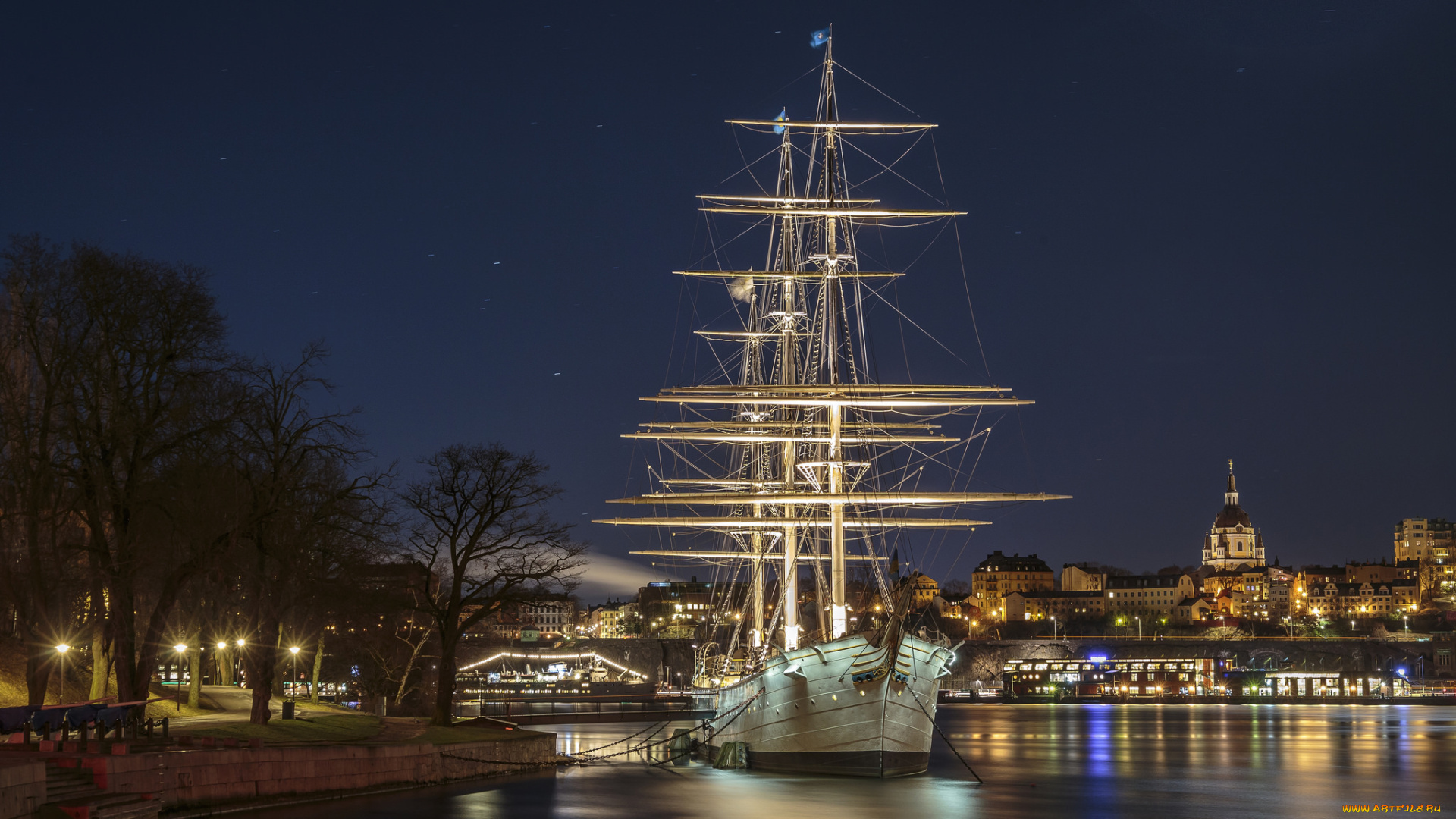 корабли, парусники, причал, ночь