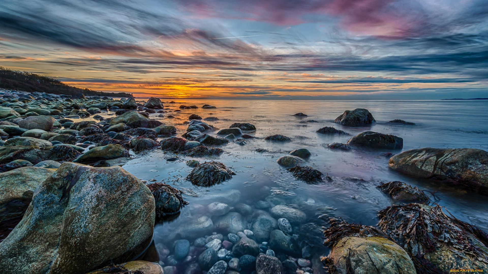 природа, побережье, берег, рассвет, камни, пейзаж, горизонт