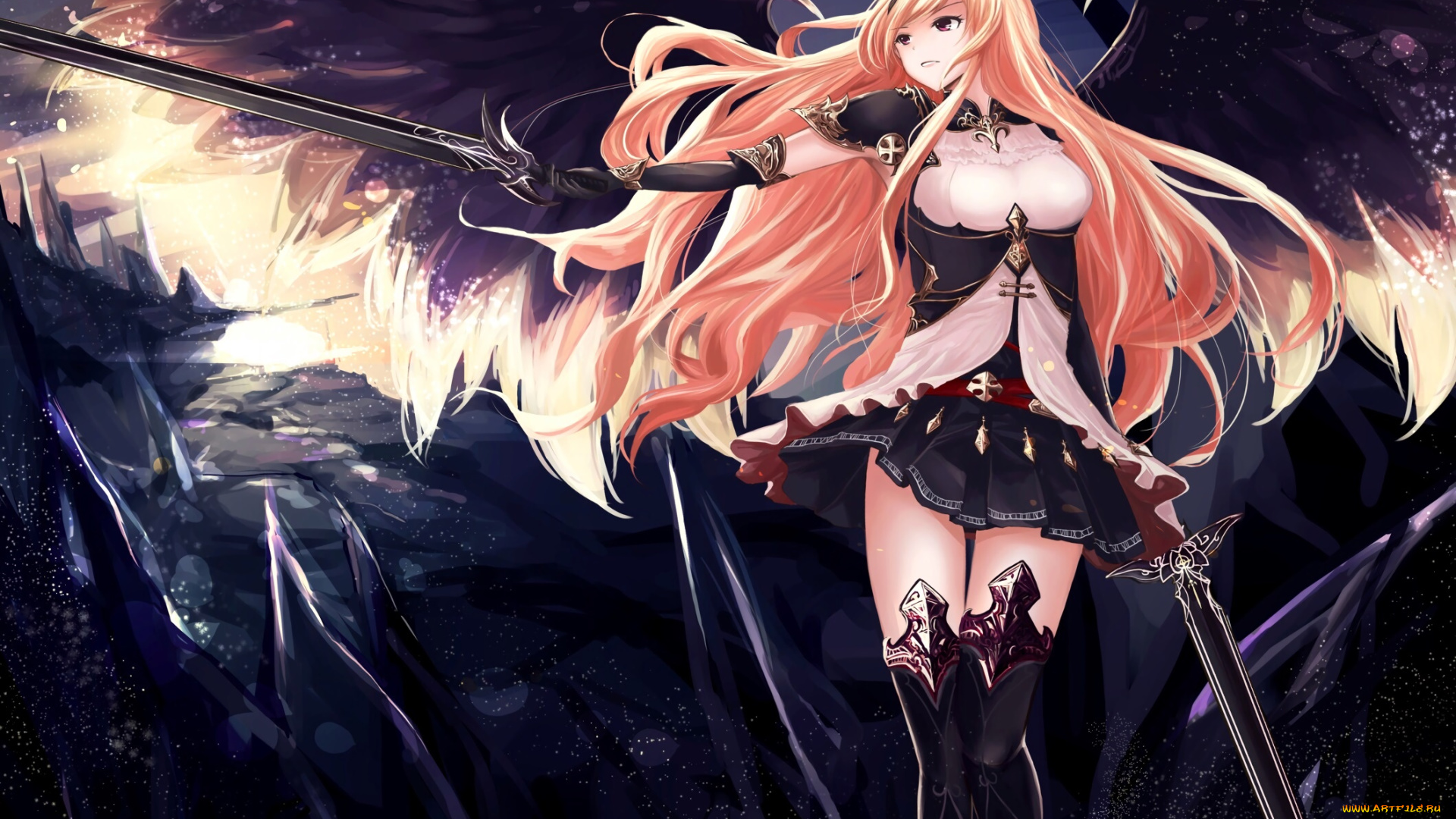 shingeki, no, bahamut, аниме, взгляд, девушка, меч, фон