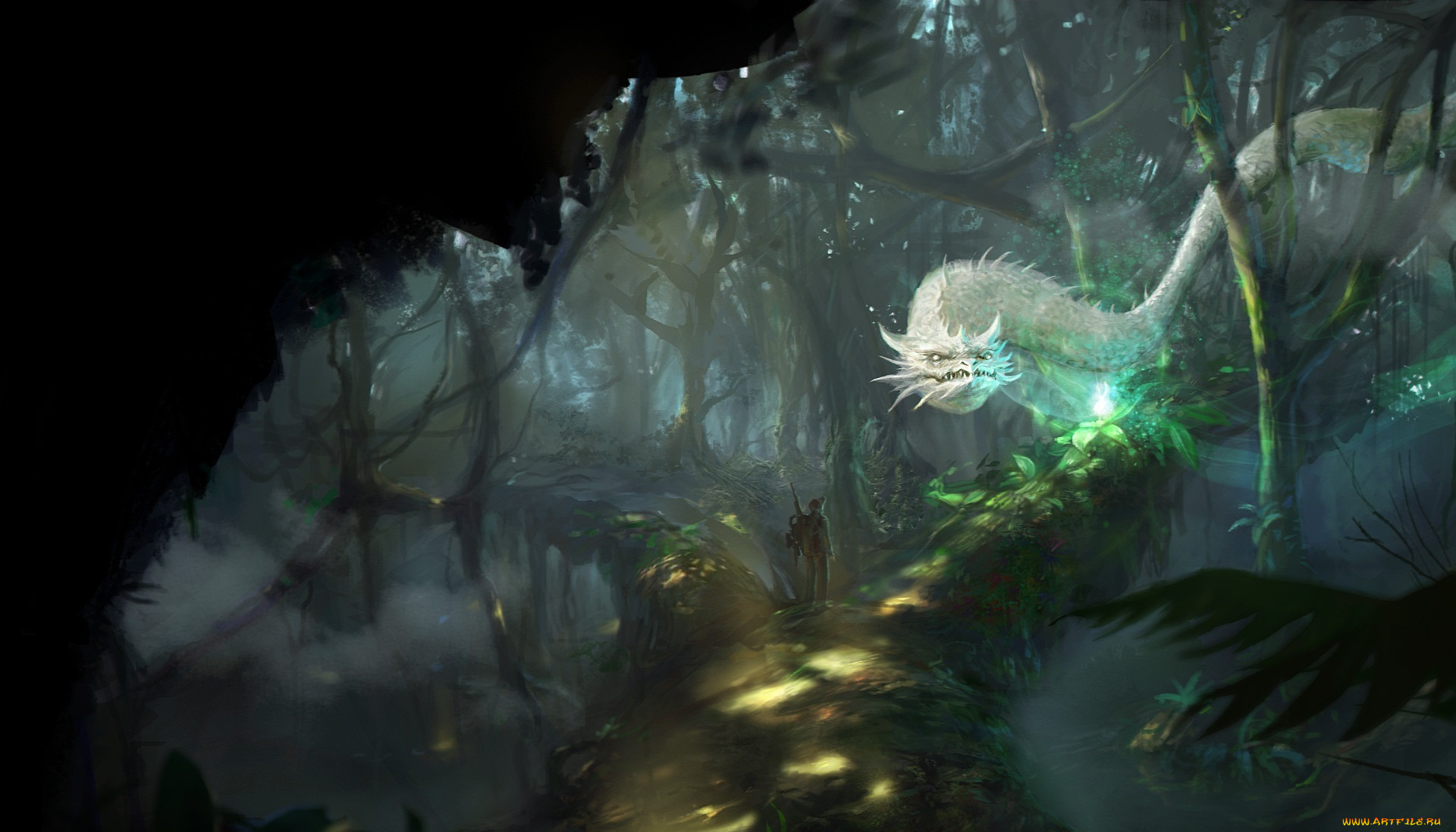 фэнтези, драконы, белый, дракон, арт, фантастика, человек, лес, деревья, природа