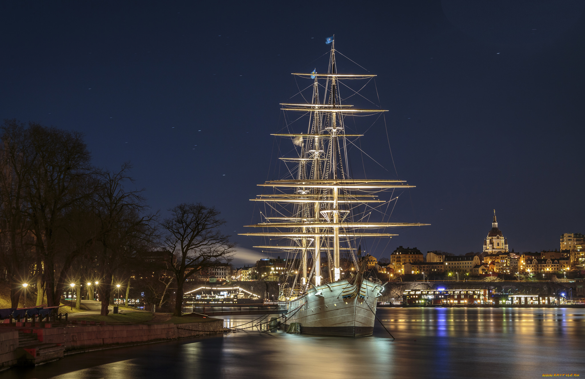 корабли, парусники, причал, ночь