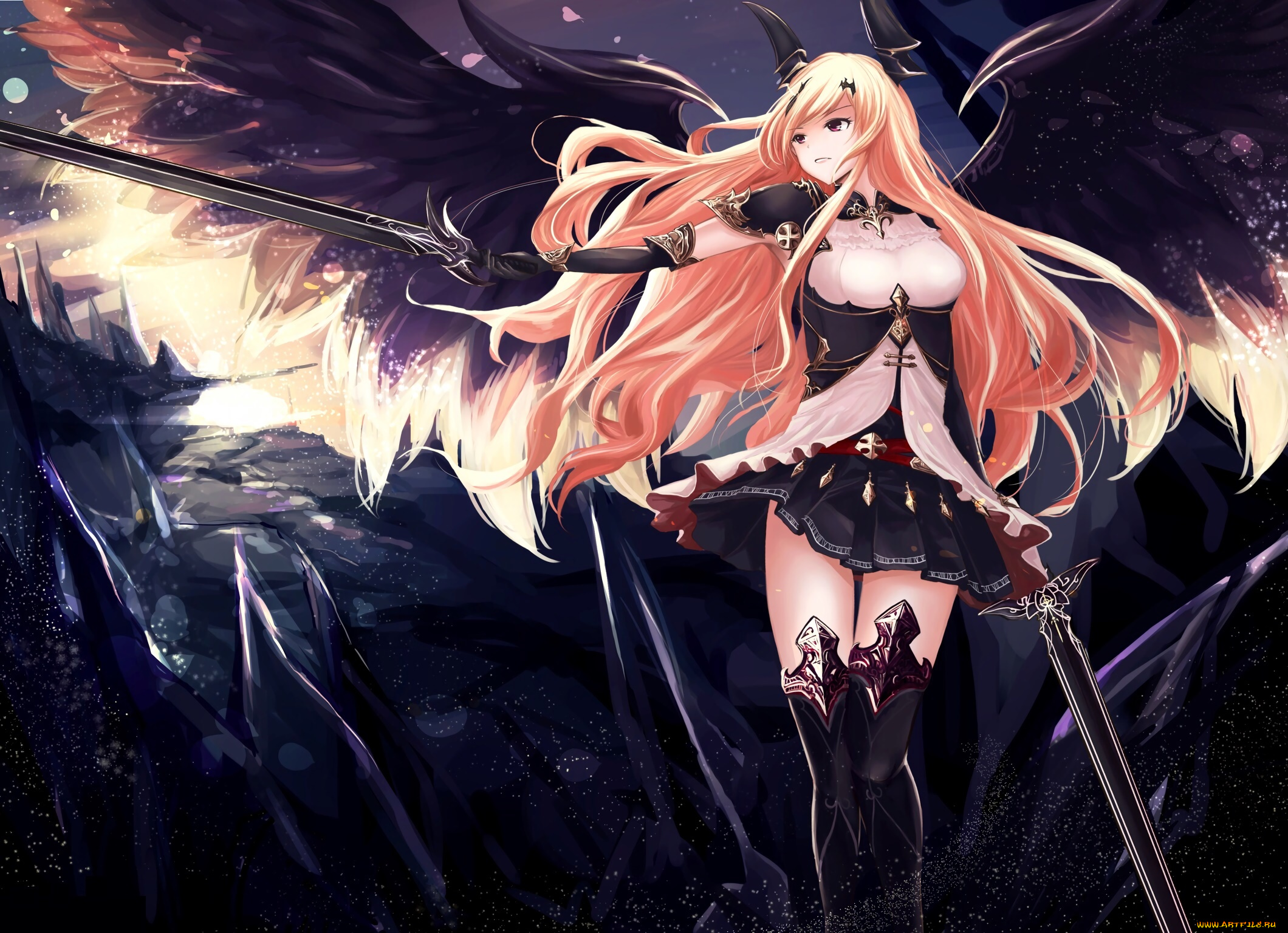 shingeki, no, bahamut, аниме, взгляд, девушка, меч, фон