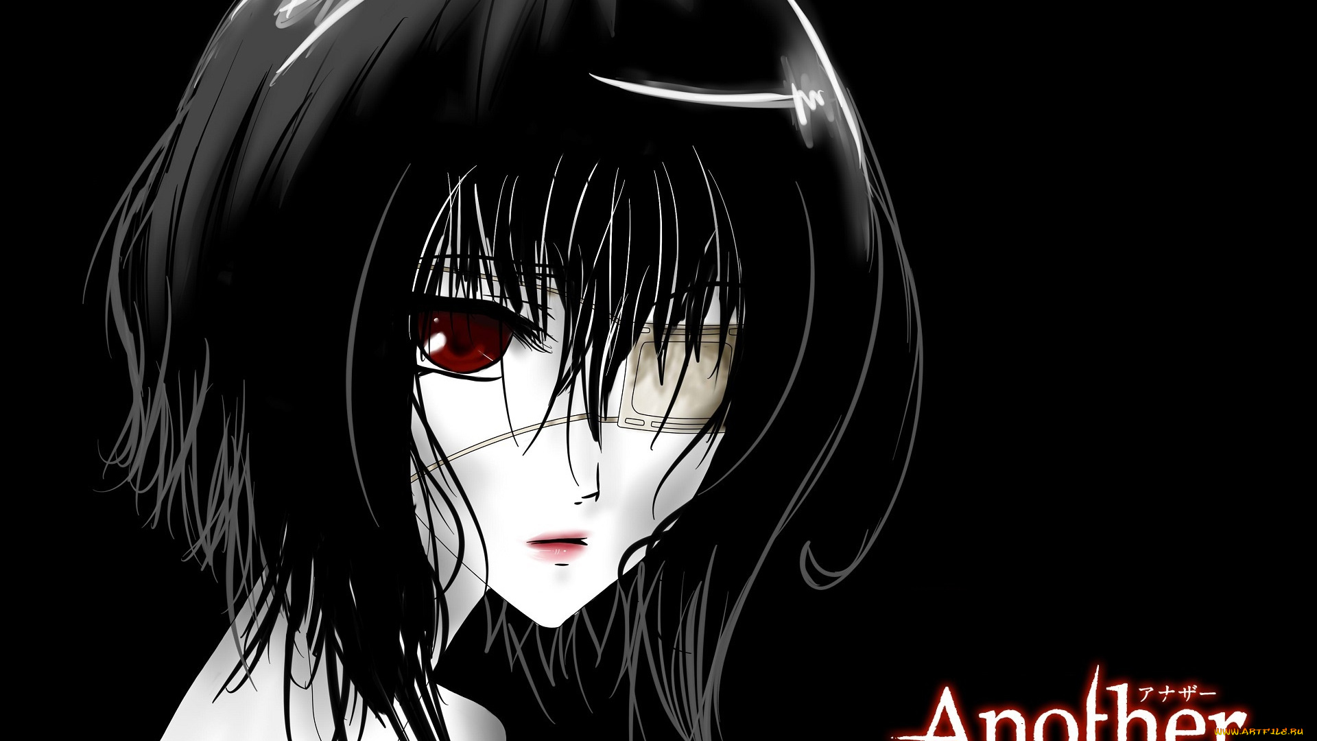 аниме, another, повязка, на, глаз, пустота, misaki, mei, иная, красные, глаза, черный, фон, одиночество