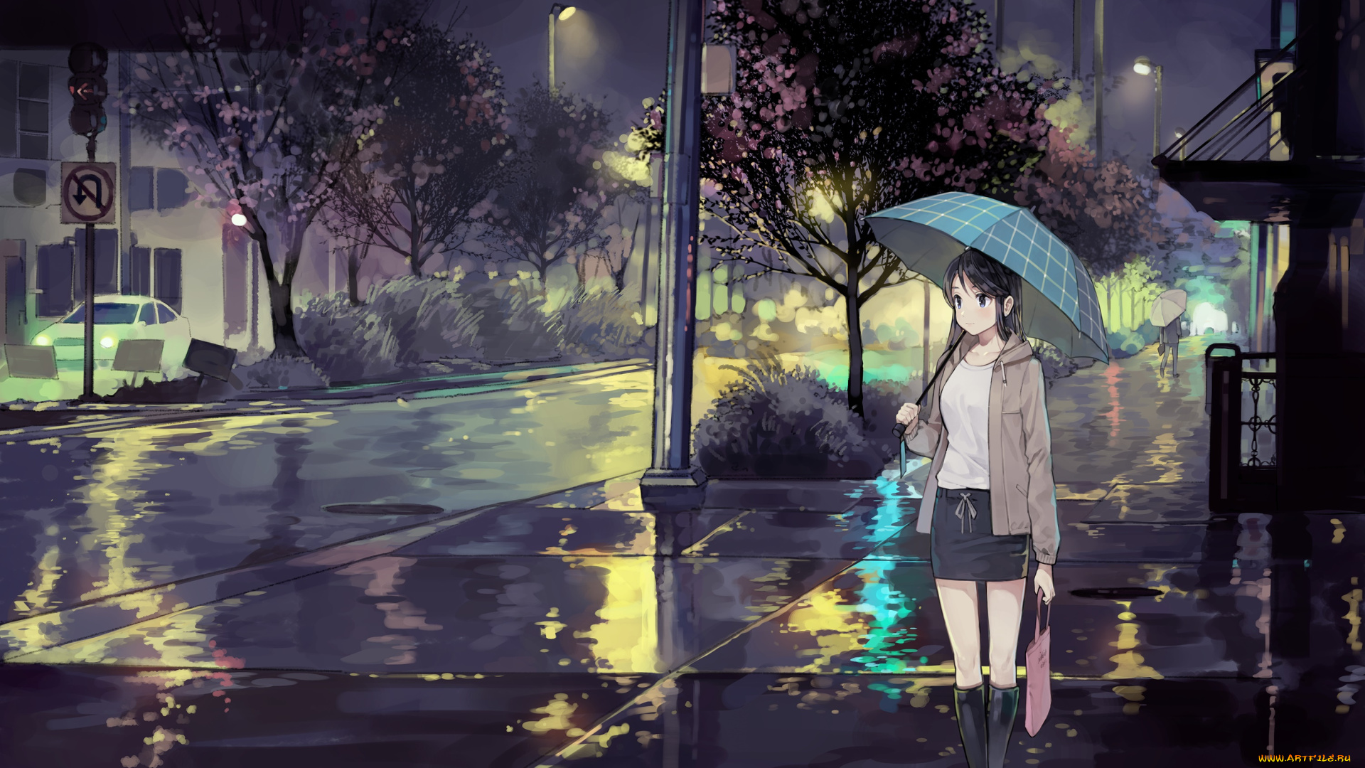 аниме, город, , улицы, , здания, фон, взгляд, девушка