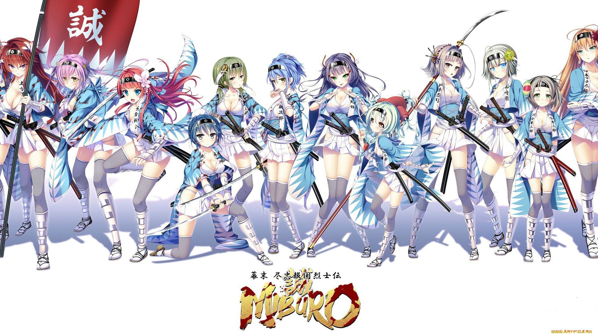 аниме, miburo, кровь, отряд, art, длинные, волосы, повязка, на, лоб, shinsengumi, visual, novel, белый, фон, чулки, веер, мини-юбка, бойкие, девчонки, знамя, nui, вакидзаси, катаны