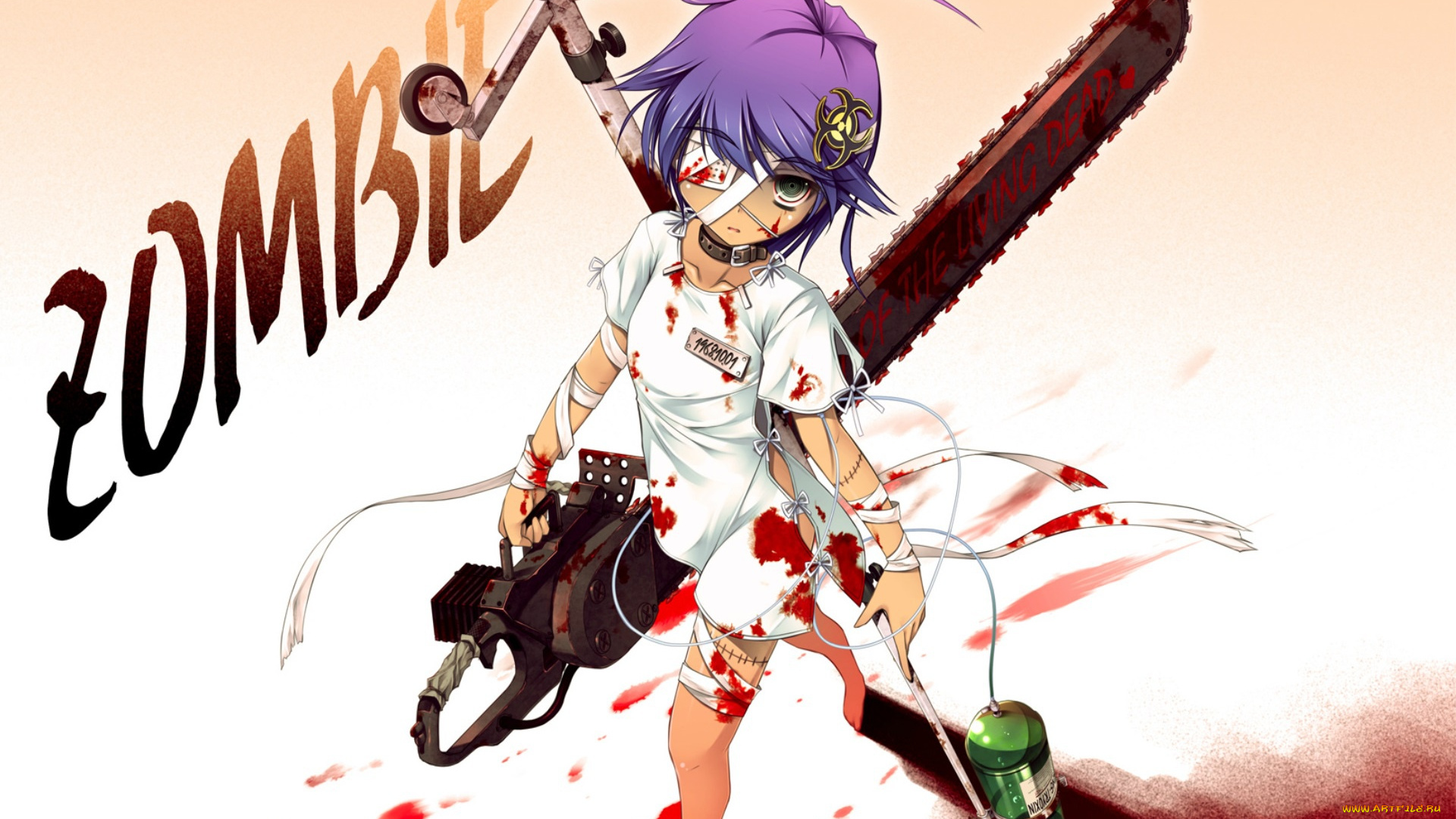 аниме, оружие, , техника, , технологии, бензопила, chima, бинты, повязка, на, глаз, пациентка, шрам, art, zombie, лужа, крови, капельница