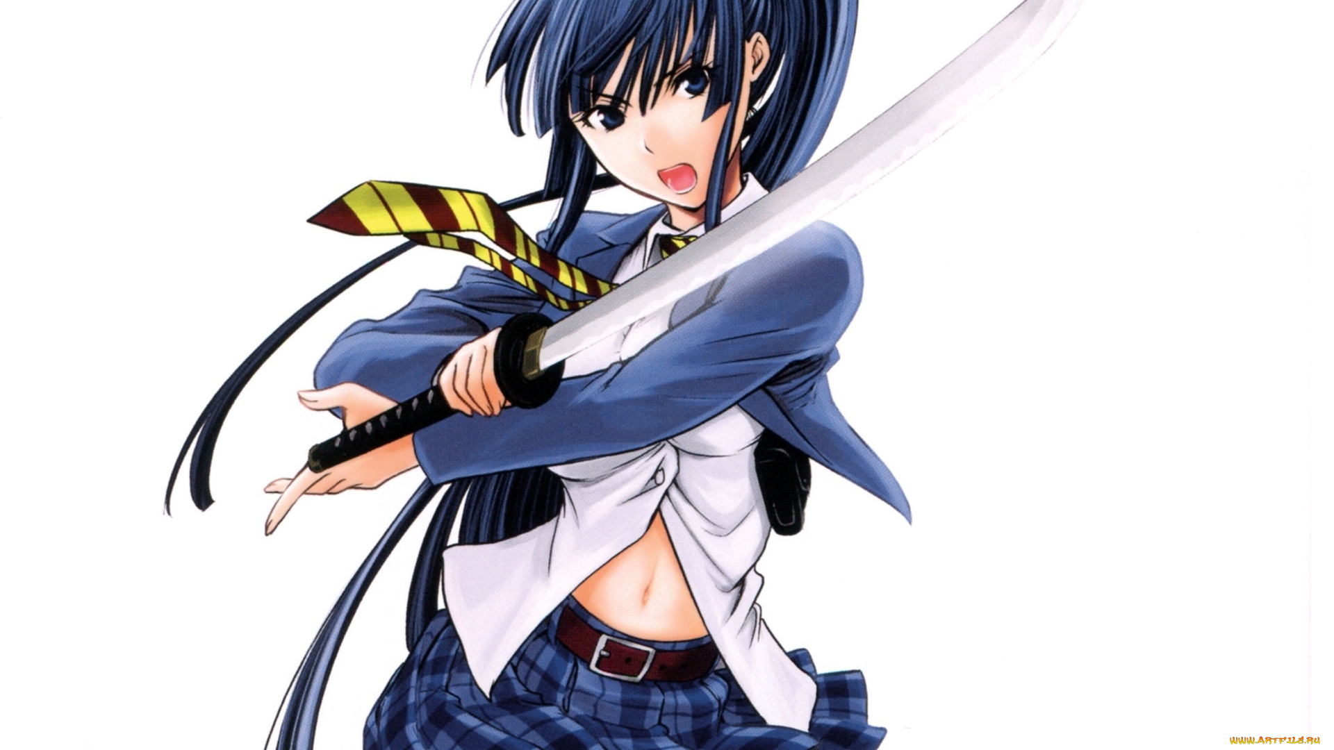 аниме, оружие, , техника, , технологии, галстук, катана, длинные, волосы, мини-юбка, deathtopia, art, школьница, белый, фон, kisaragi, yui, yoshinobu, yamada