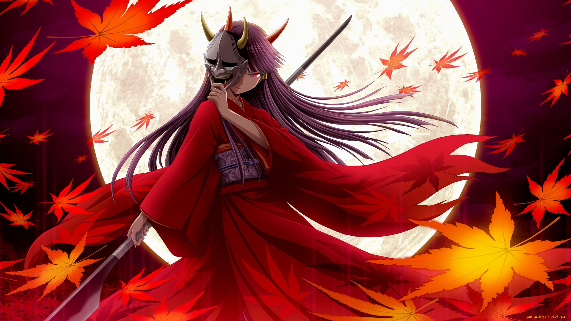 аниме, оружие, , техника, , технологии, копье, рога, ёкай, кленовые, листья, маска, ветер, длинные, волосы, красные, глаза, полнолуние, кимоно