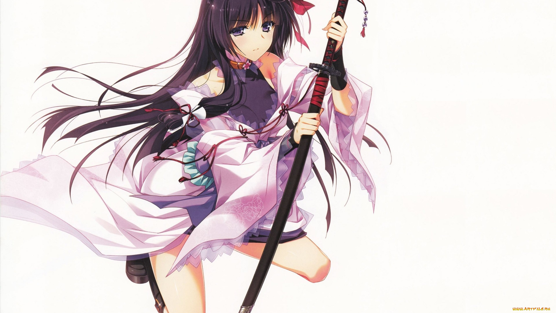 аниме, оружие, , техника, , технологии, на, коленях, art, белый, фон, девочка, катана, японская, одежда, длинные, волосы, ignis, no, meiyaku, kishi, minato, yasaka, сидит